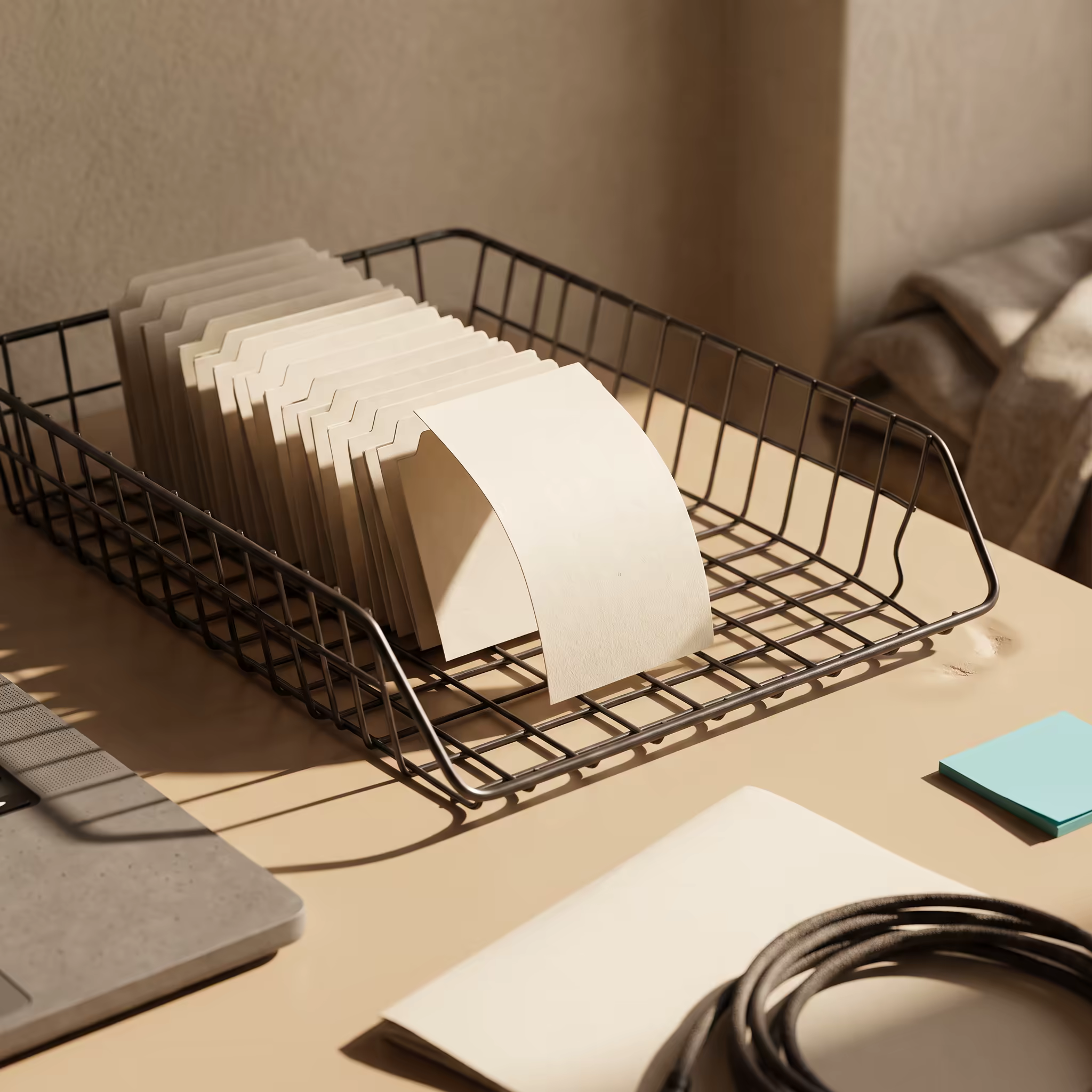 A wire mesh desk in-tray holding a neat row of small blank paper tickets standing on edge like filing tabs, the front ticket curled and leaning forward out of the row, the tray's grid shadow thrown across the desk