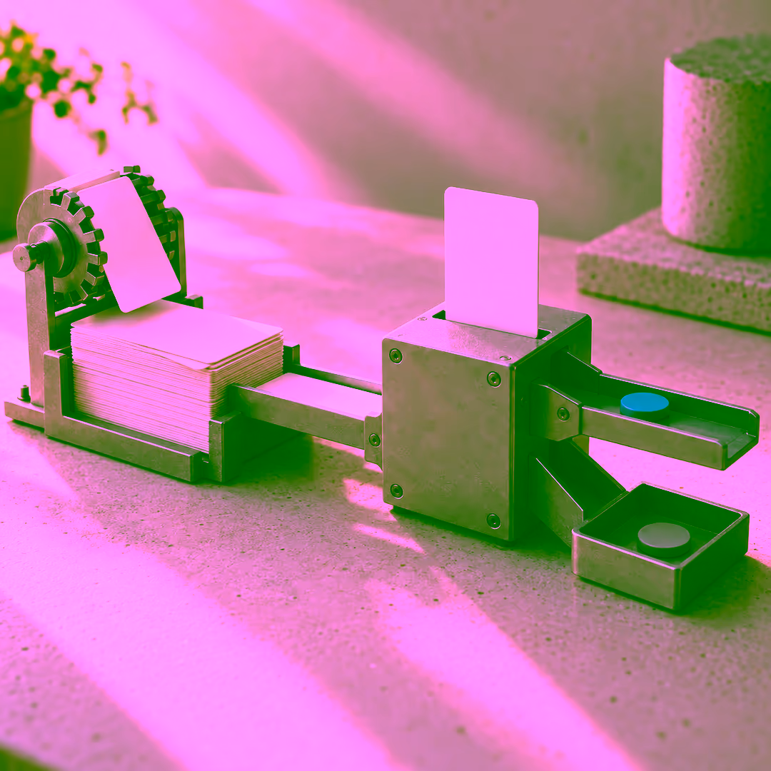 A machined two-stage model: a toothed tick wheel drops blank cards onto a growing stack, and a gate box with a rule card slotted in from above sends one blue token along an upper rail while a grey disc rests in a recessed tray below.