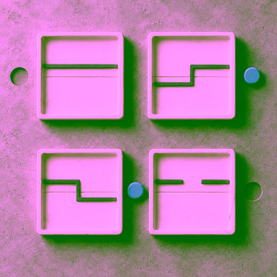Four square trays in a two-by-two grid, each holding a raised line: flat, stepping up across an engraved level, stepping down across it, and broken by a gap. A blue token sits beside only the two trays whose line crosses the level.