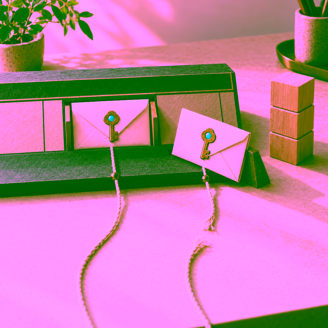 Two identical envelopes sealed with the same brass key token arrive on two strings, one of them frayed; one envelope sits in a single ledger slot while the second is held off by a stop, beside an unchanged stack of wooden blocks