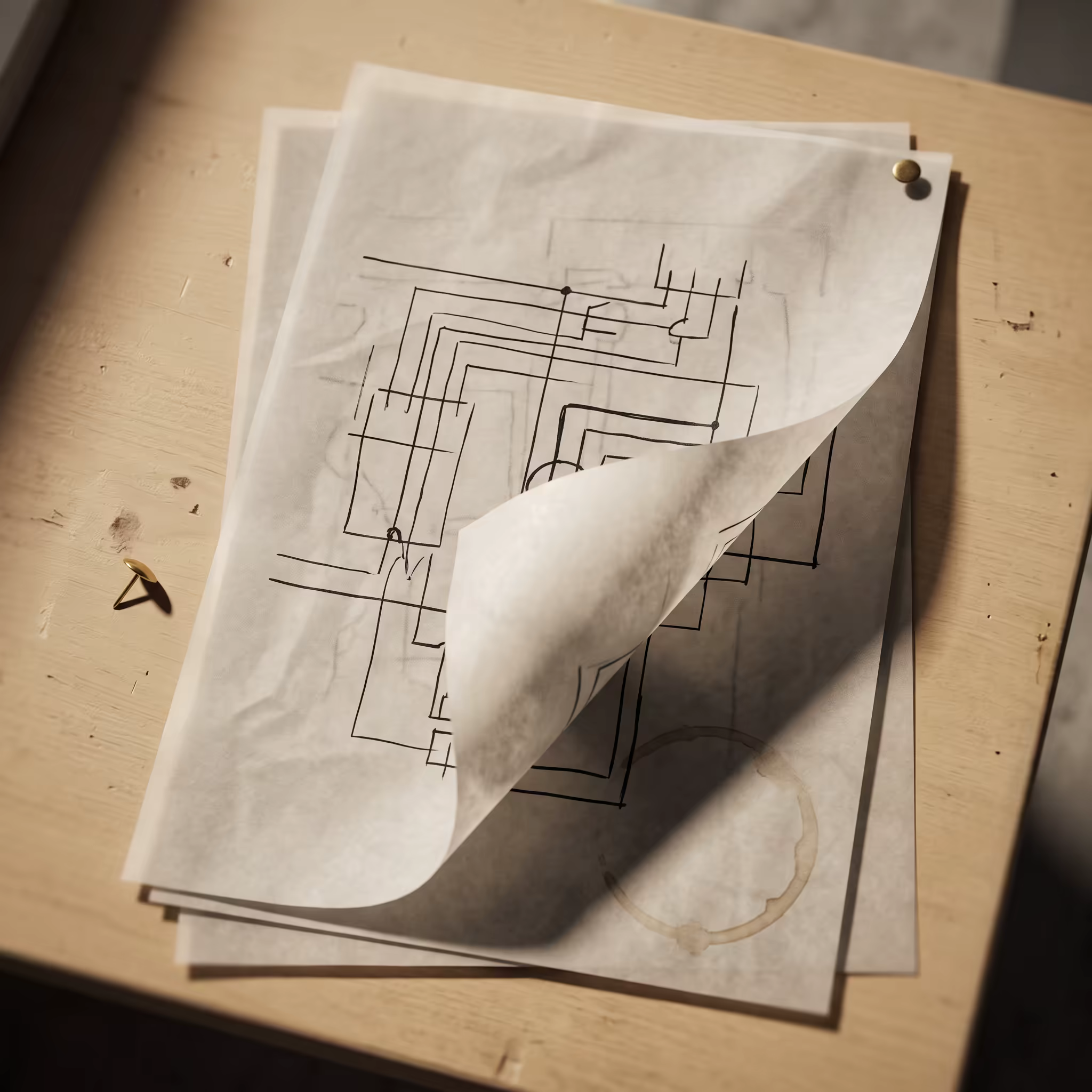 Three layered sheets of translucent tracing paper on a wooden desk, each inked with part of a wiring diagram, the top sheet curling away from a brass pin above a faint coffee ring