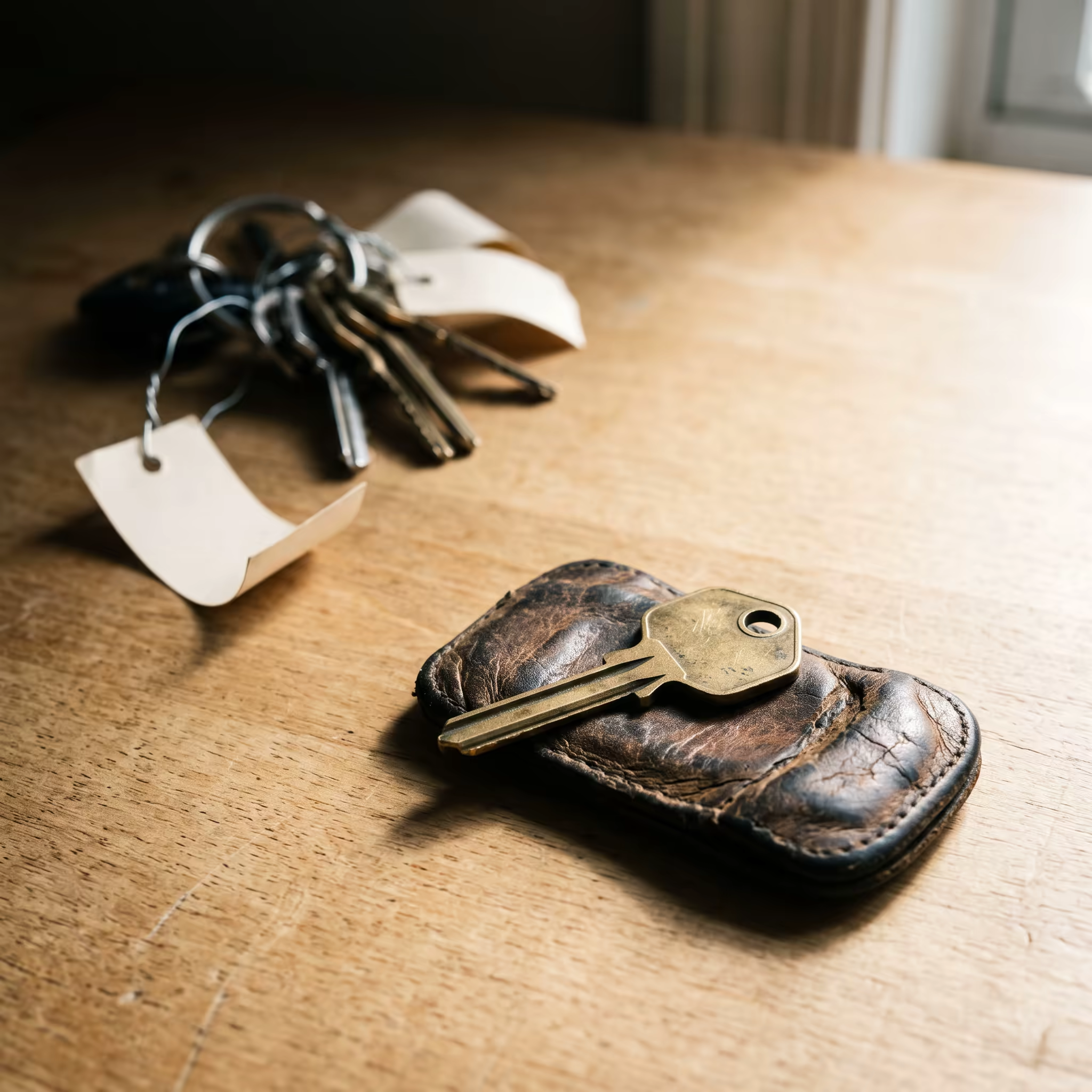 A single unlabelled brass key on a worn leather fob lit by a window, with a tangled ring of blank-tagged keys pushed back into the shadow behind it