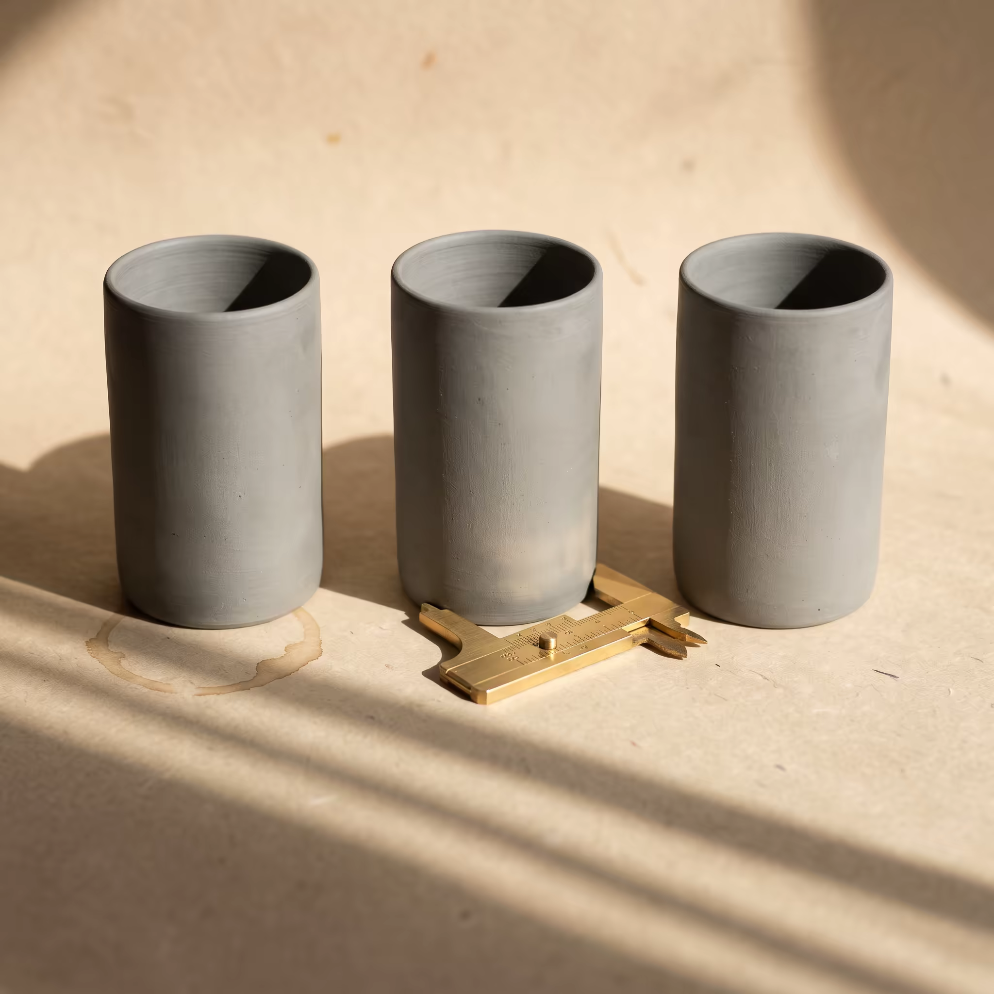 Three near-identical matte grey ceramic cylinders standing in a row on beige paper, a small brass vernier caliper resting beside the middle one, with a faint coffee ring stain and long parallel shadows from hard window light