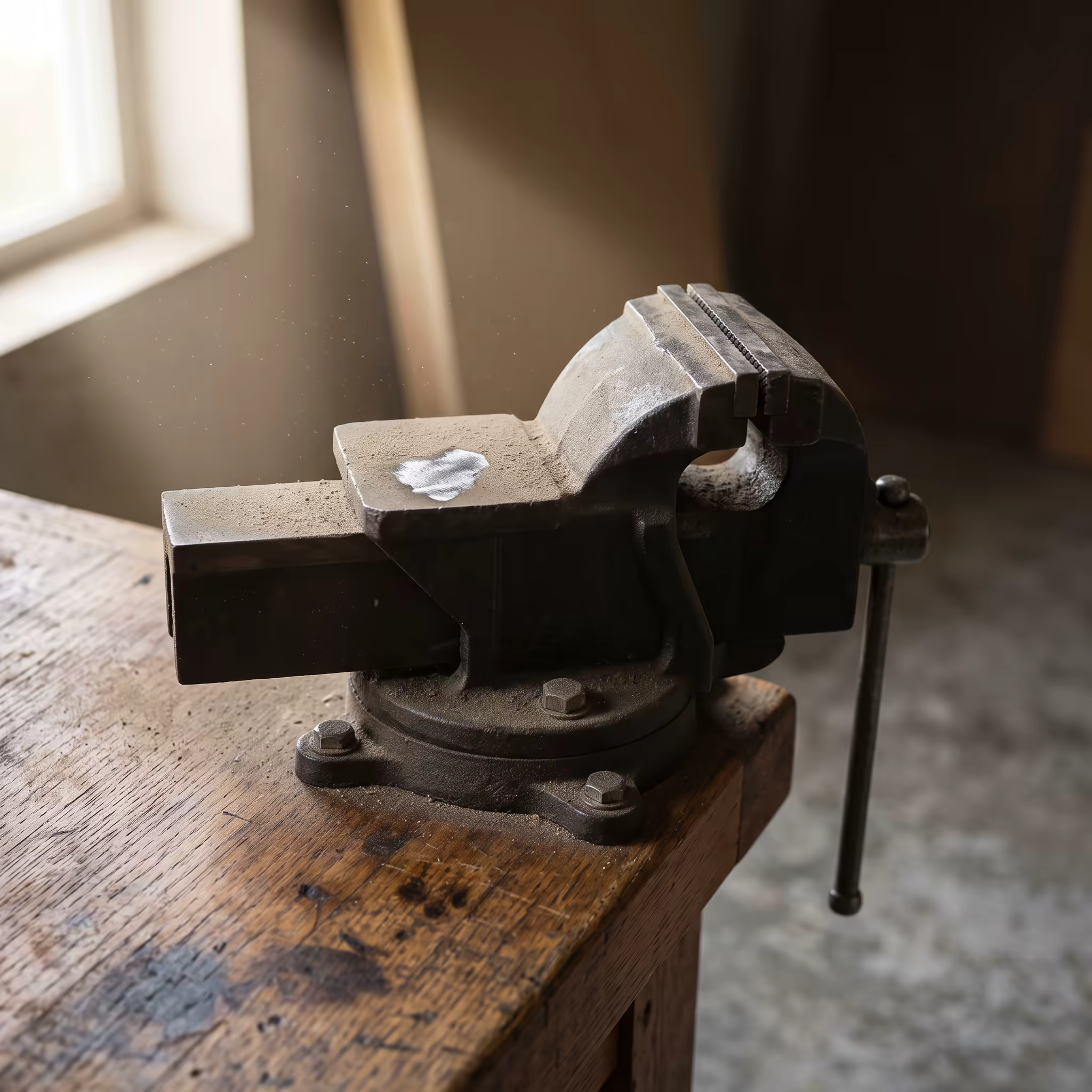 A heavy cast-iron bench vice bolted square to the corner of a worn oak workbench, jaws closed, a fine film of settled dust across its top with one thumb-wiped patch of bare metal catching the light