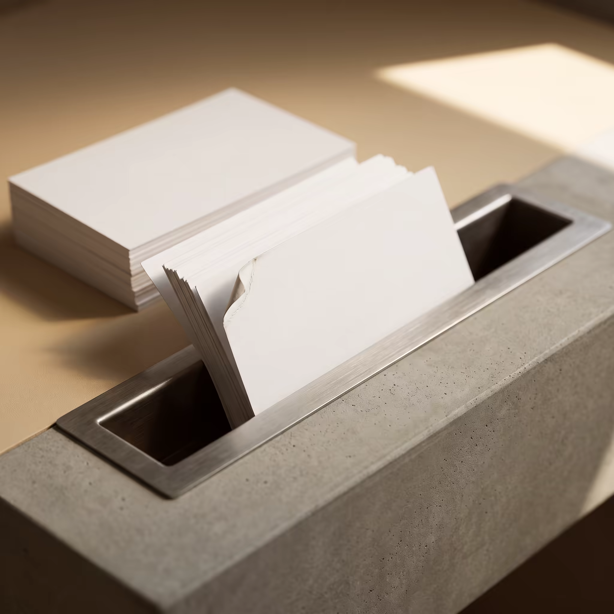 A stack of blank white cards feeding into a brushed-steel slot set in a concrete-grey block, with one card jammed sideways across the mouth of the slot blocking every card behind it