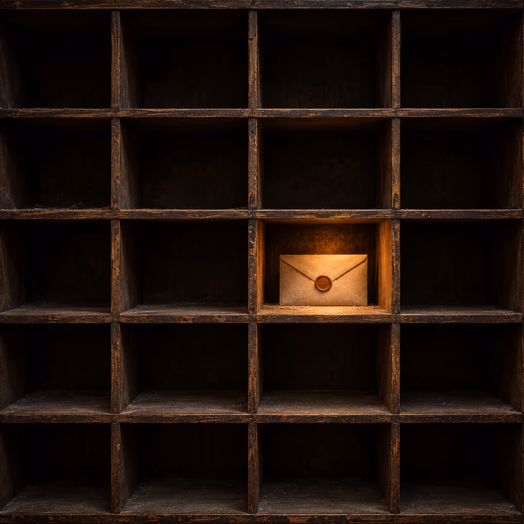 An old wooden post office sorting cabinet with rows of empty pigeonholes in shadow. One cubby is lit by warm copper light and holds a single sealed envelope.