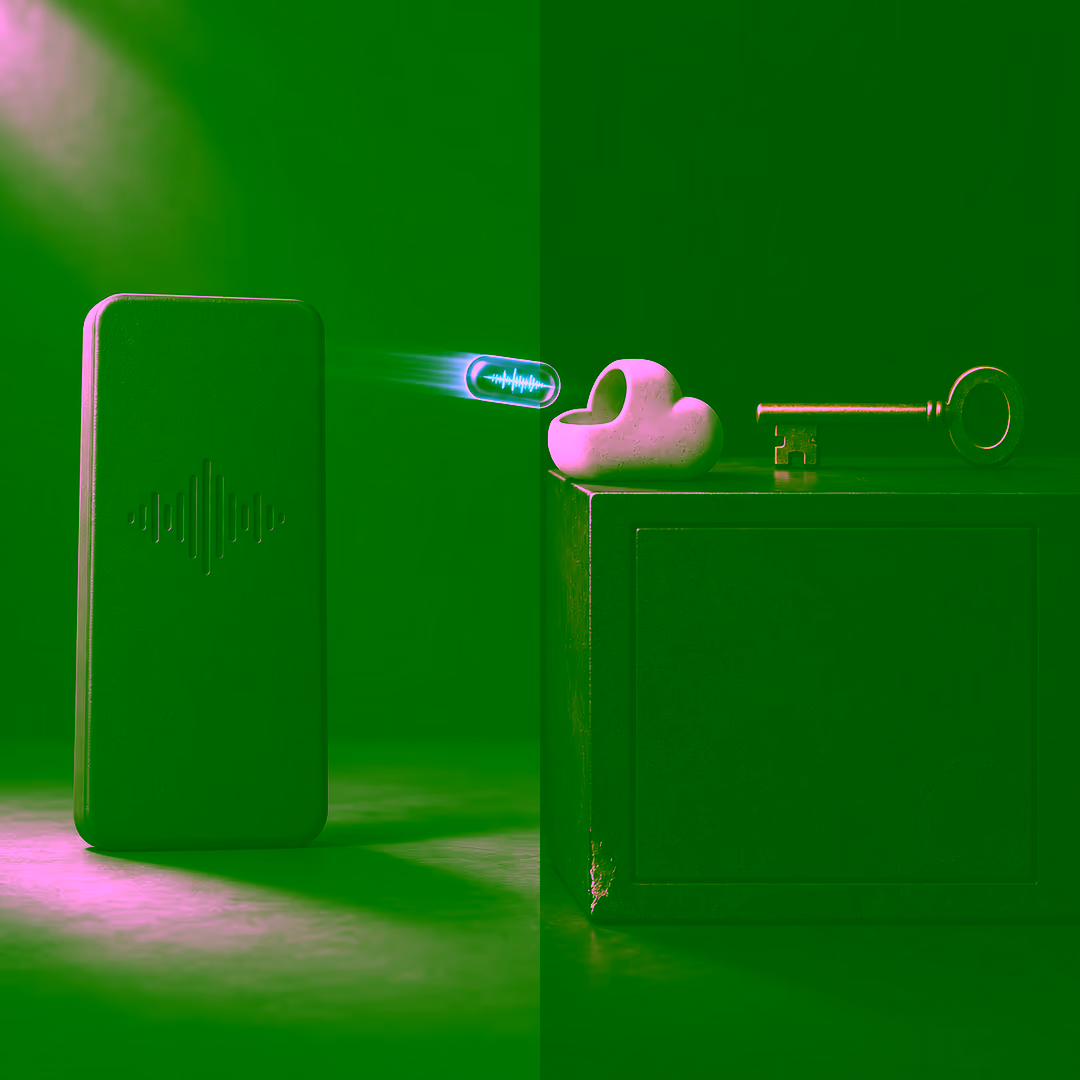 A single vertical boundary separates a handheld slab marked with a waveform from a heavy cabinet block. A glowing audio capsule crosses the boundary toward a small cloud shape, while a brass key rests on top of the cabinet and stays on the far side.