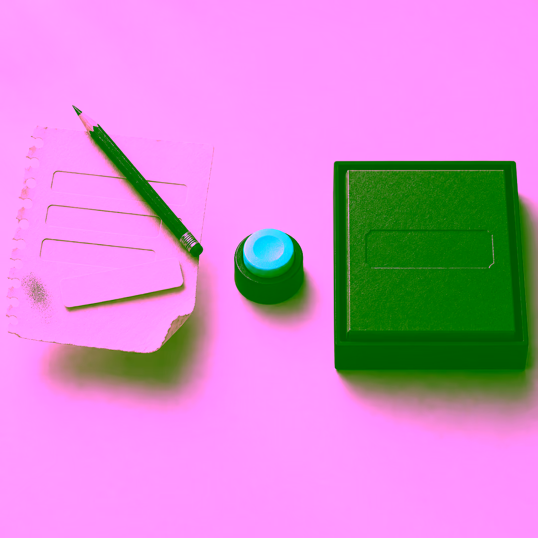 A torn paper card with blank ruled slots and a pencil lies on the left, a solid green record seated in a black tray lies on the right, and a single blue press button stands alone in the empty space between them.