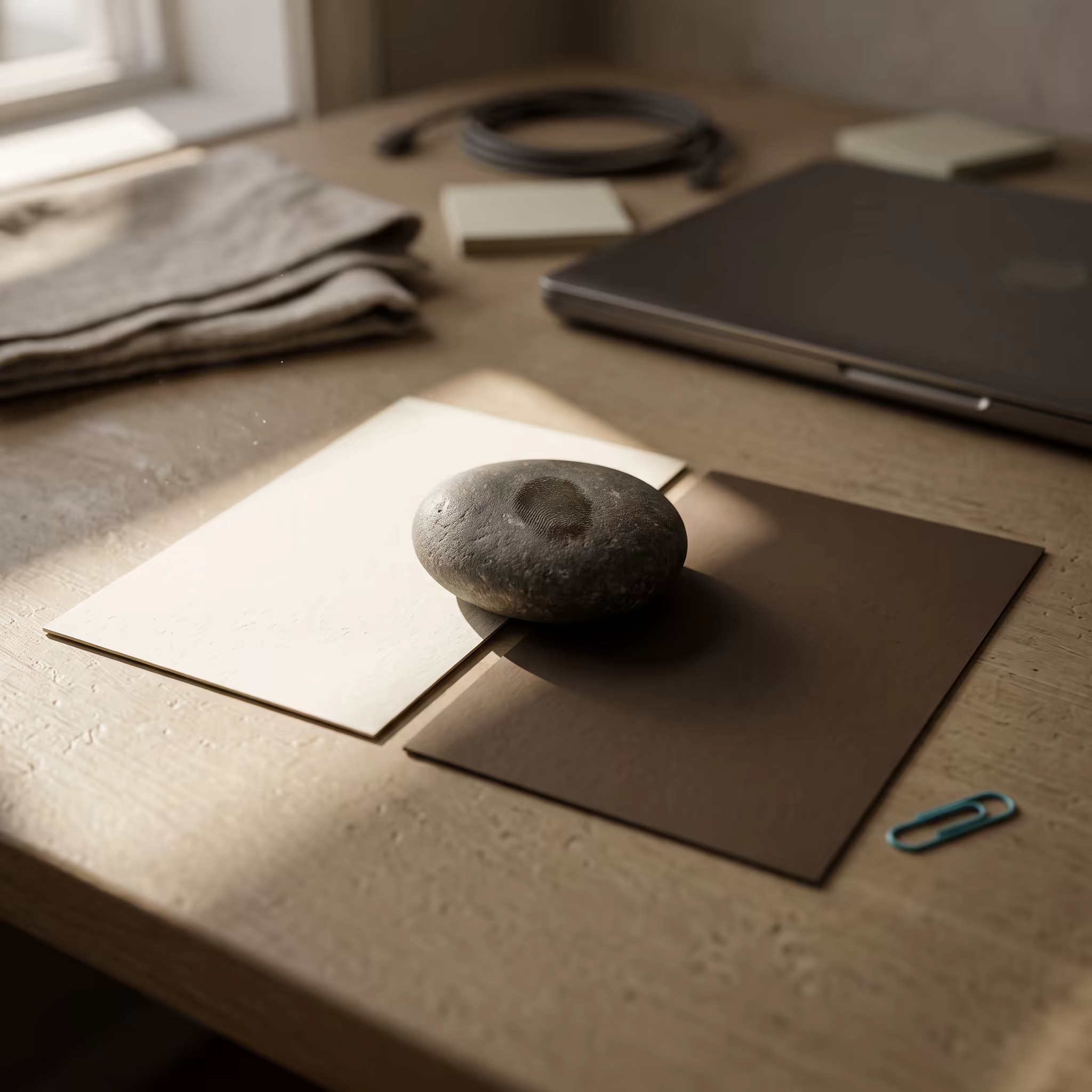 Two blank index cards on a warm beige desk, one caught in a hard bar of window light and the other fully in shadow, pinned down by a smooth grey river stone with a fingerprint pressed into its top