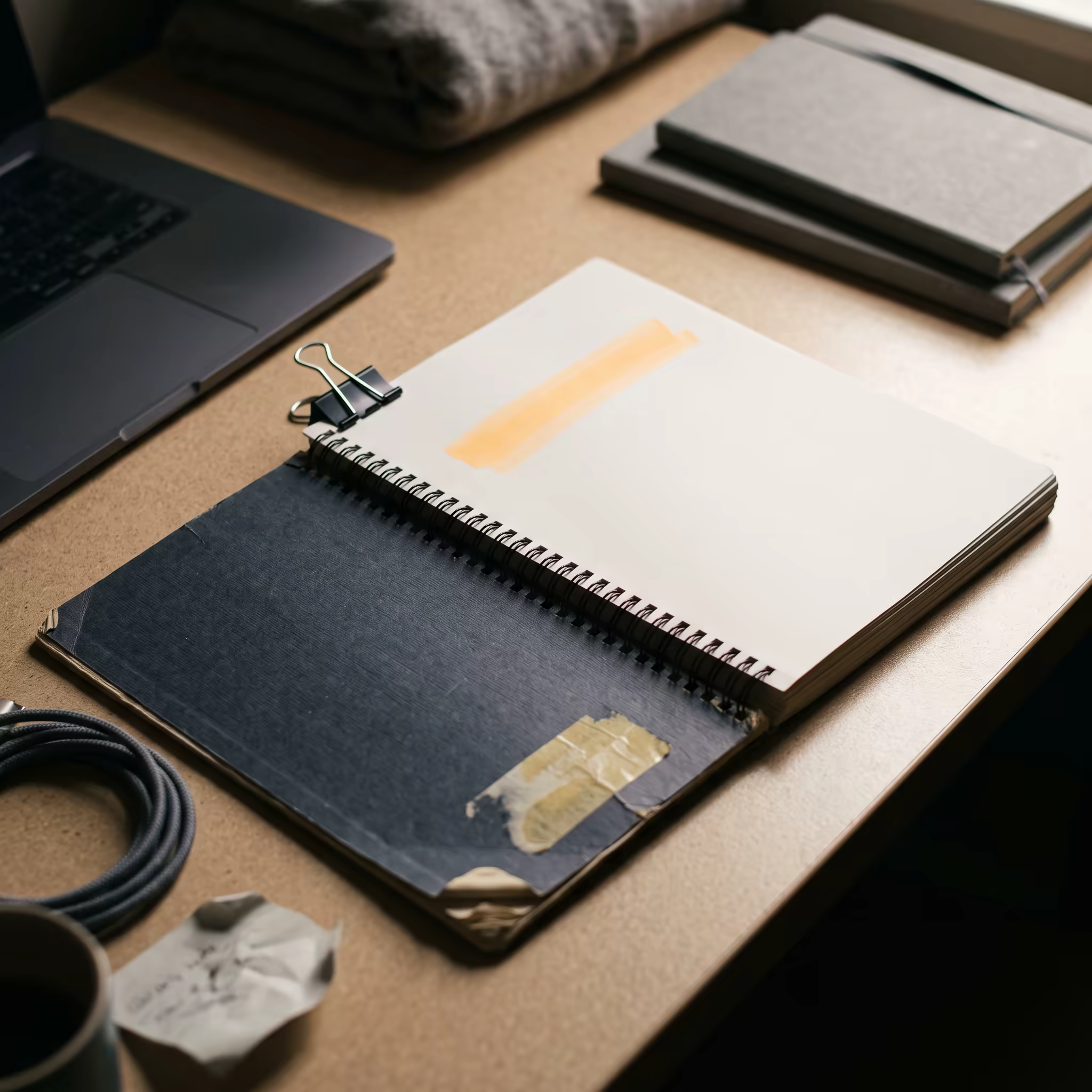 An open spiral-bound manual on a beige desk showing a single amber highlighter band across an otherwise blank page, a black bulldog clip on its edge and a patch of yellowed tape residue on the worn cover