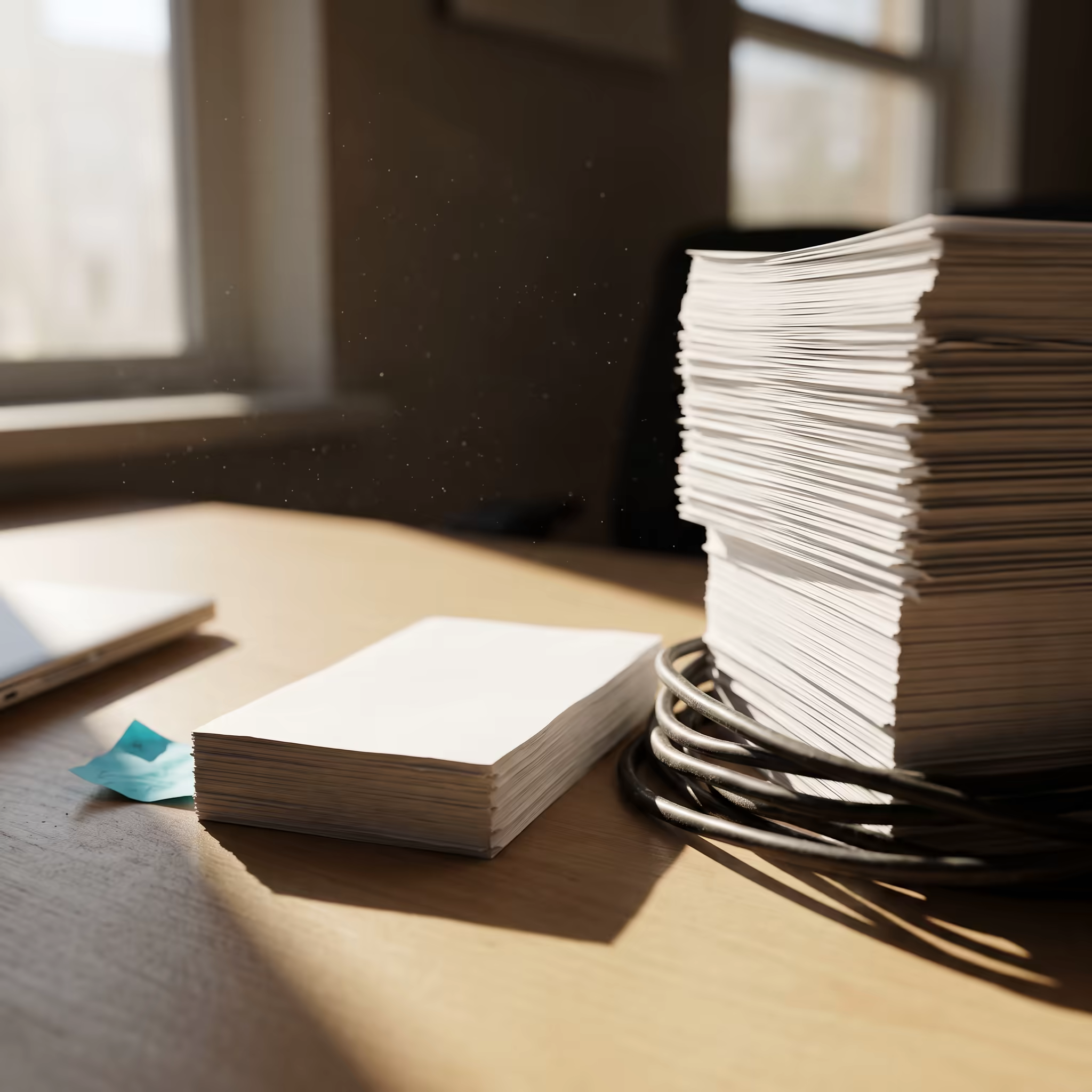 A tall stack of blank paper beside a much thinner stack on a sunlit desk, a coiled black cable resting at the base of the taller stack and dust drifting through the light