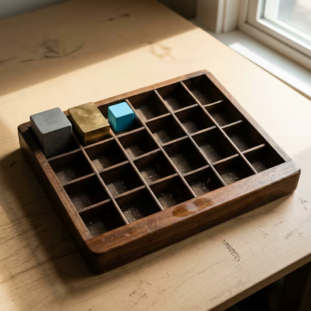 A sectioned wooden printer's tray on a beige desk with exactly three small blocks, grey, brass and cyan, filling the first three compartments while every other compartment sits empty and dusty