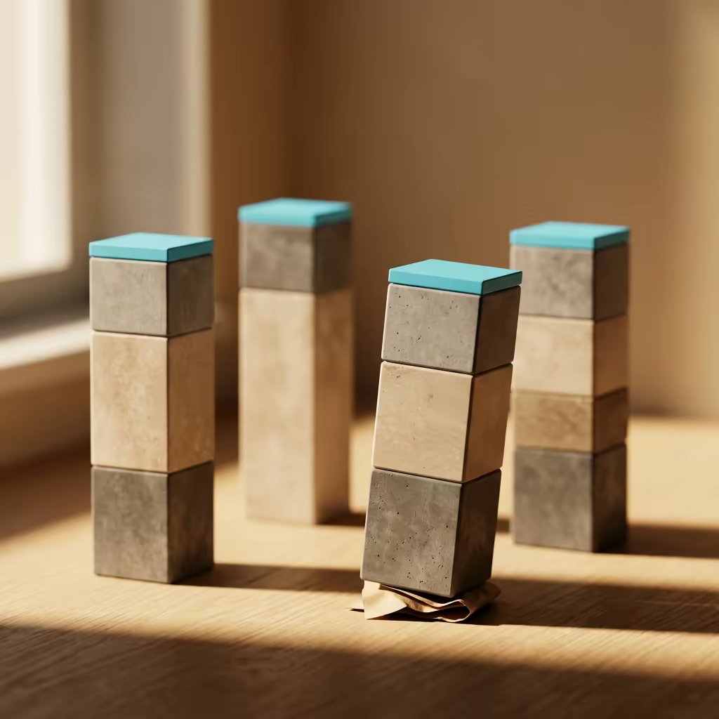 Four short columns of stacked stone slabs on a sunlit desk, each capped with a thin cyan slab sitting at a different height, one column leaning on a folded paper shim