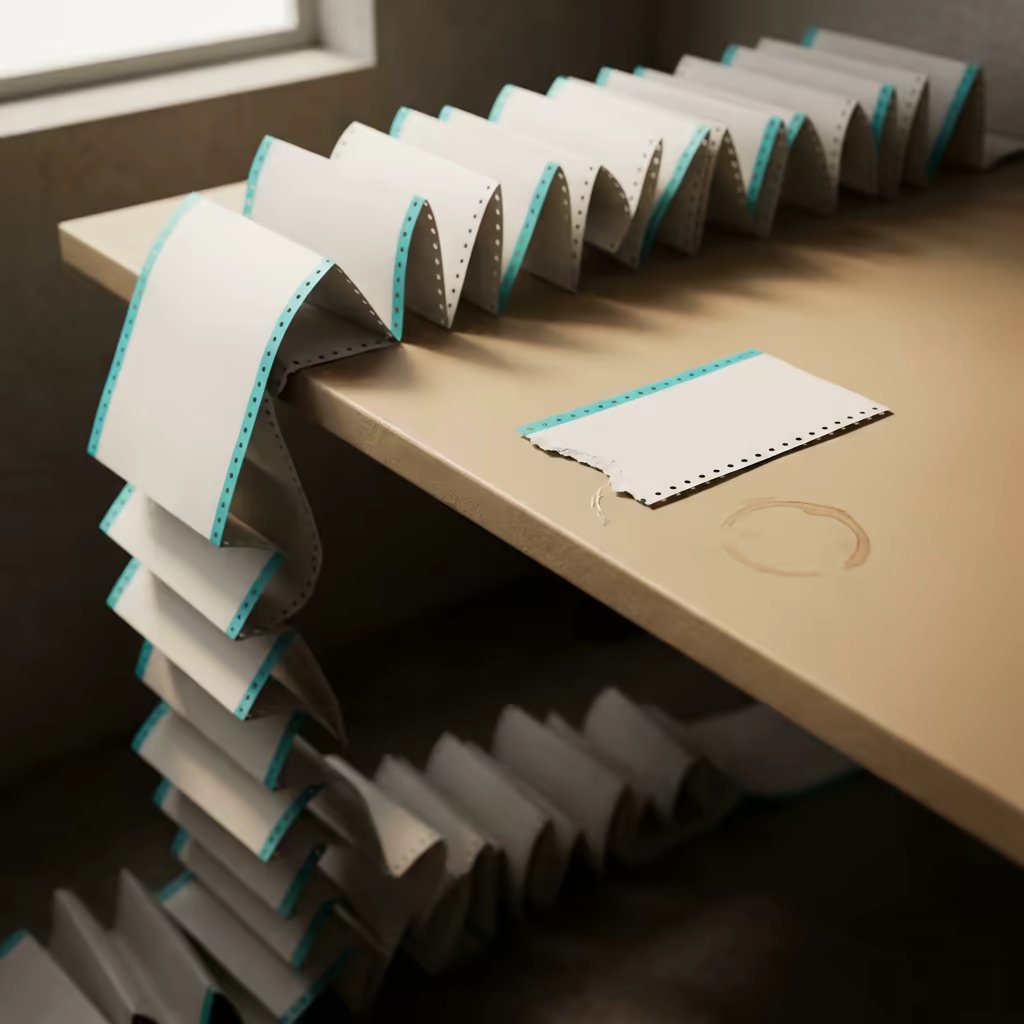 A continuous ribbon of cyan-edged fan-fold printer paper cascading off a desk edge into shadow, with one short torn segment lying flat and alone beside a faint coffee ring