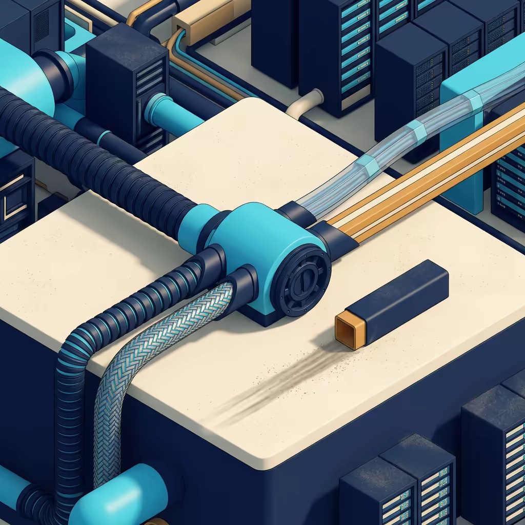 Isometric illustration of several differently-textured conduits converging into one sealed port on a pale deck, with a mismatched amber-ended square conduit lying unconnected beside it and a dust streak across the surface