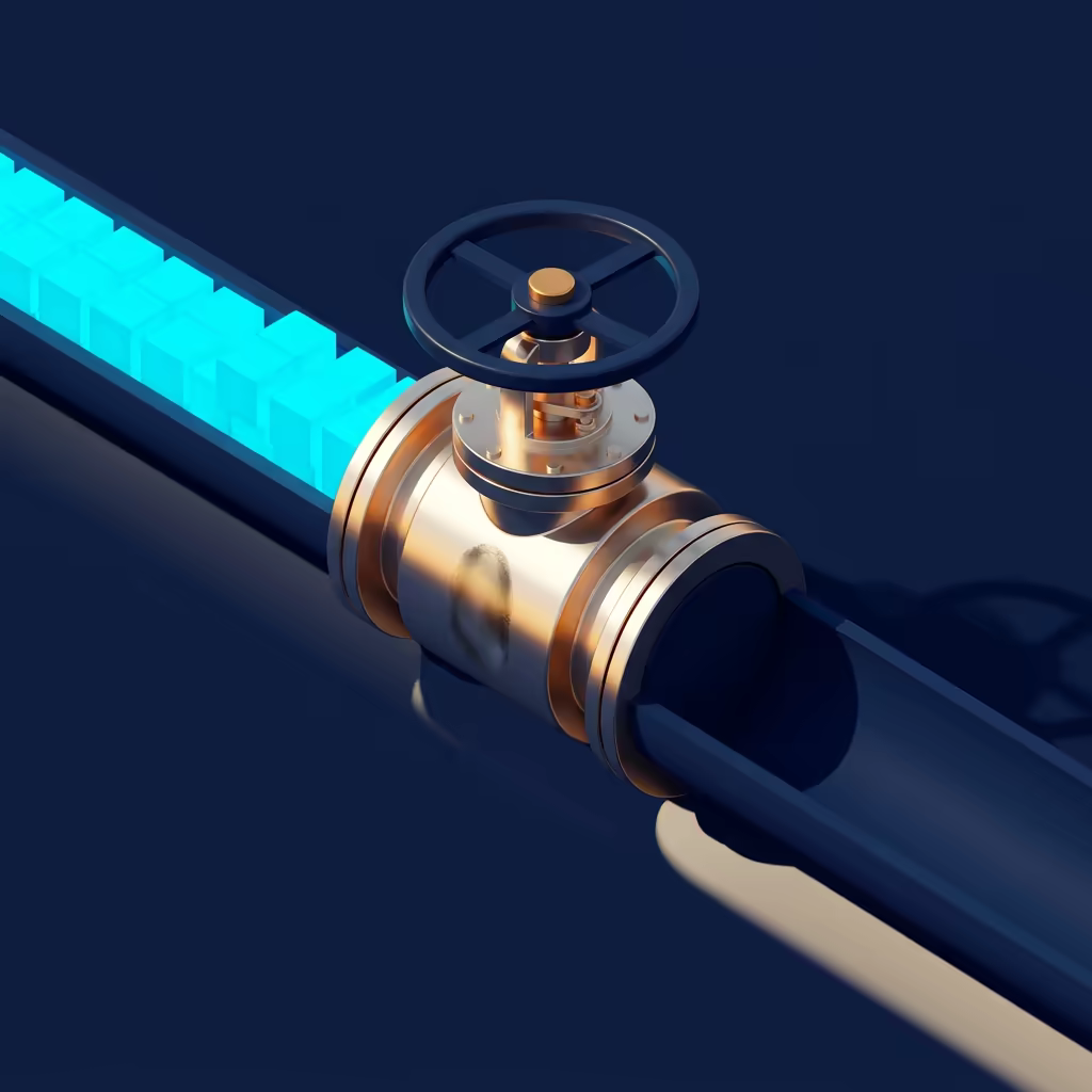 Isometric illustration of a pipeline split by a closed brass valve, glowing cyan blocks stacked solid in the upstream section and the downstream section completely empty, a thumb smudge visible on the valve housing