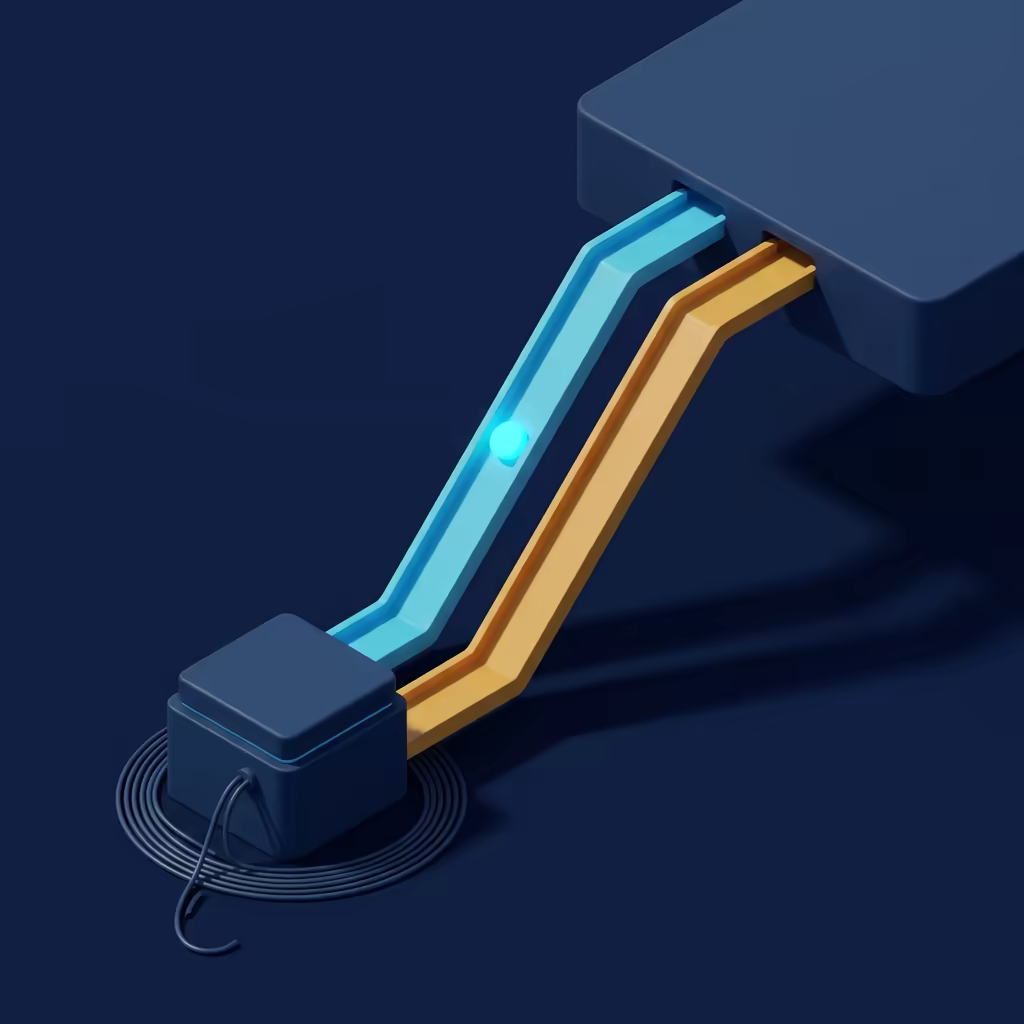 Isometric illustration of a small dark module linked to a larger raised platform by two corridors, a single glowing cyan token travelling up the cyan return channel while an amber supply channel runs down, slack cable coiled unevenly at the module's base