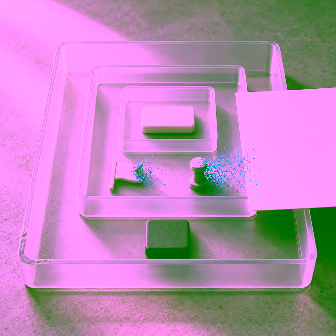 Three nested transparent trays: a solid token rests in the innermost tray, the flag and key tokens in the middle tray dissolve into blue particles as an opaque panel slides across it, and the token in the outer tray stays intact.