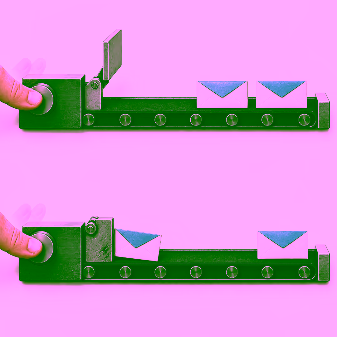 Two tracks compared: on the upper track an open gate lets two identical envelopes through after two button presses, while on the lower track a closed gate holds the second envelope back so only one continues to the end.
