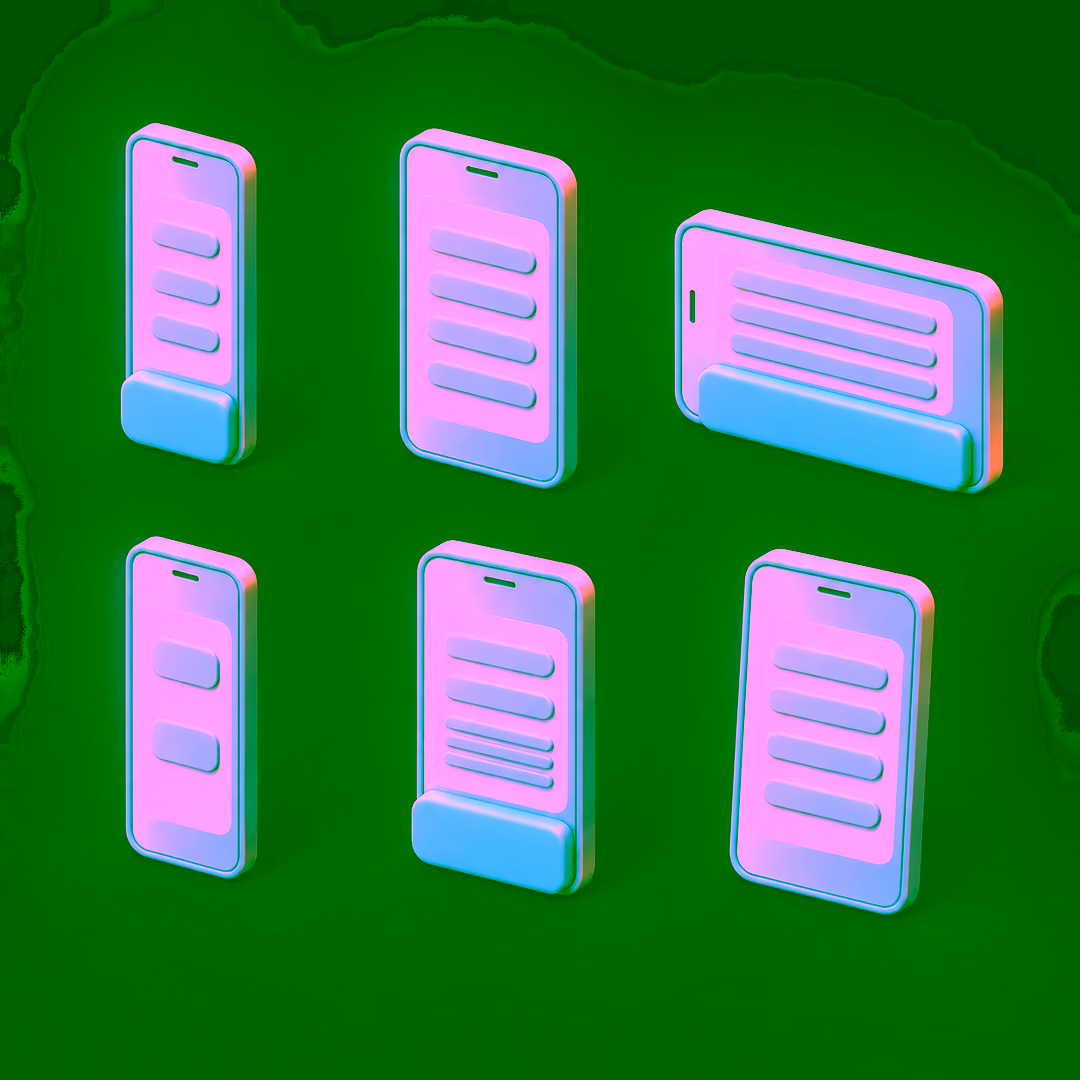Six small phone layouts in one grid: different widths, one in landscape, three carrying the keyboard band and three without it, one with larger type and fewer fields, and one with a message wrapped onto three lines.