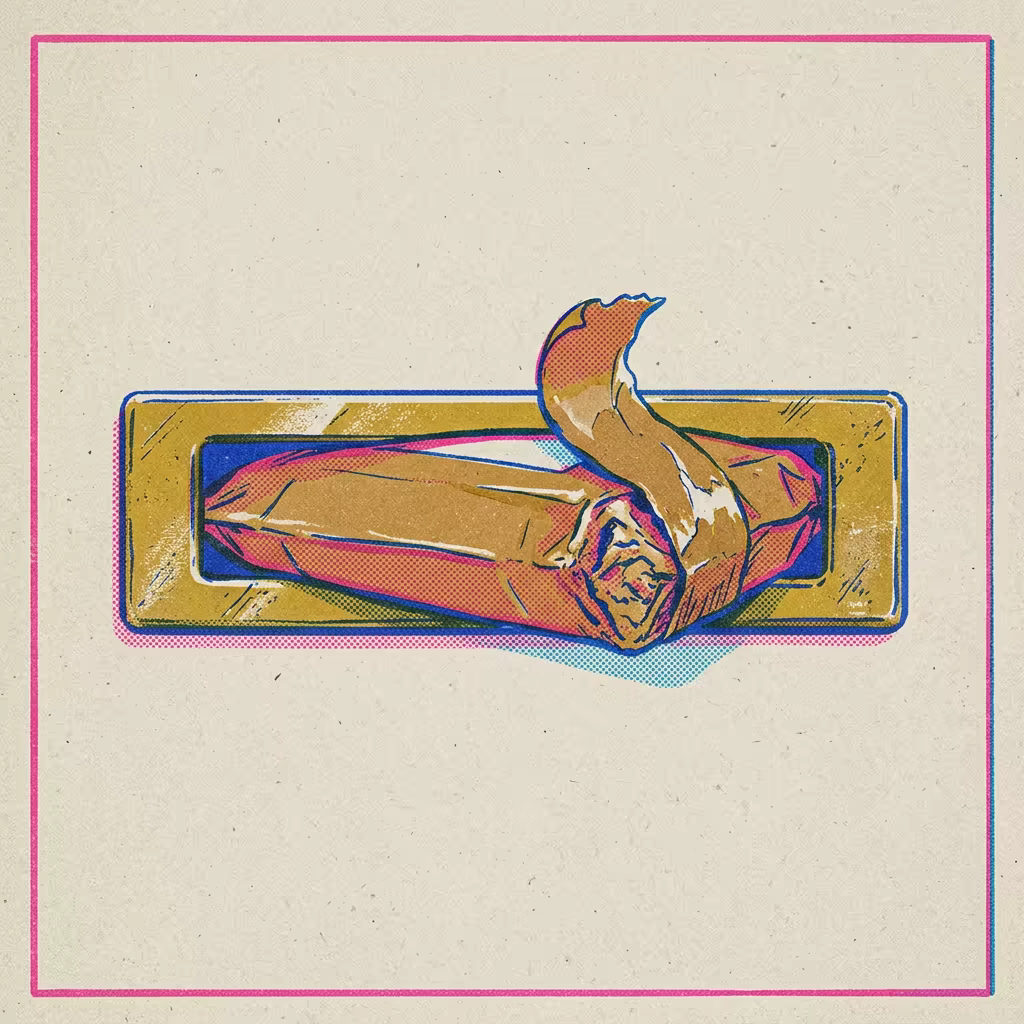 Risograph-style print of a padded parcel jammed halfway through a narrow brass letter slot, its crushed corner torn open with tape peeling away, ink layers slightly misregistered