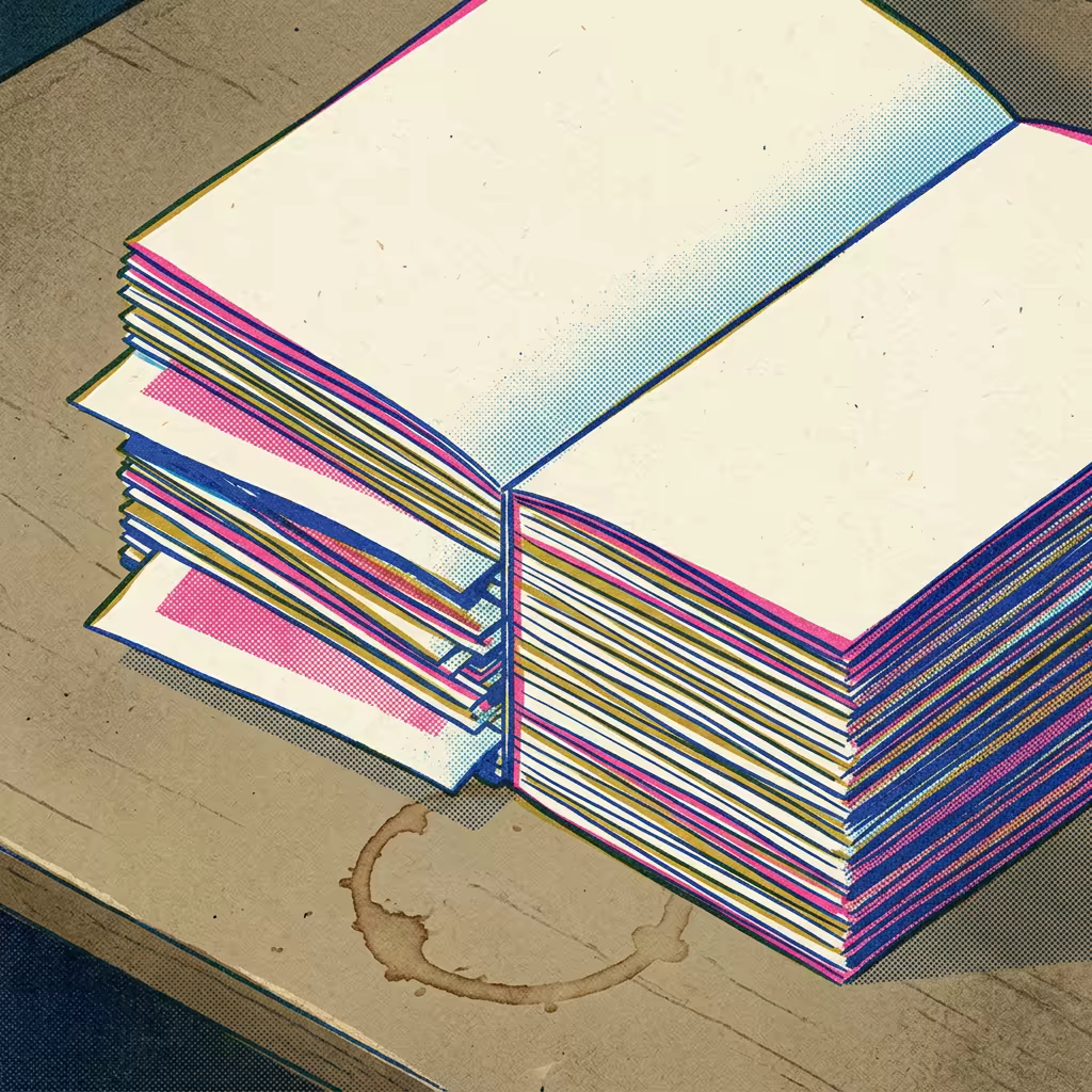 Two stacks of printed sheets pressed together into one block on a workbench, several sheets from the left stack protruding at the wrong length where the two meet, a dried coffee ring staining the bench beside them