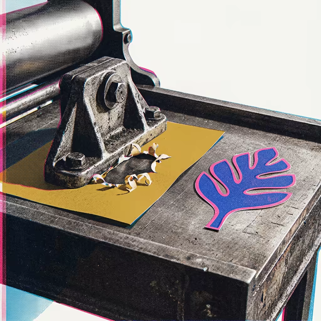 A printing press bed holding a heavy bolted iron bracket that has torn a ragged hole through the paper beneath it, next to a flat paper cut-out lying perfectly flush and undamaged