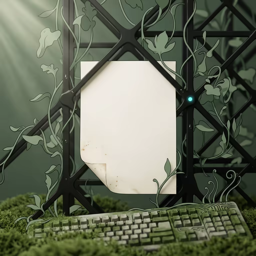 A blank cream sheet of paper threaded through a black metal lattice overgrown with sage vines, an old keyboard half-buried in moss at the bottom of the frame