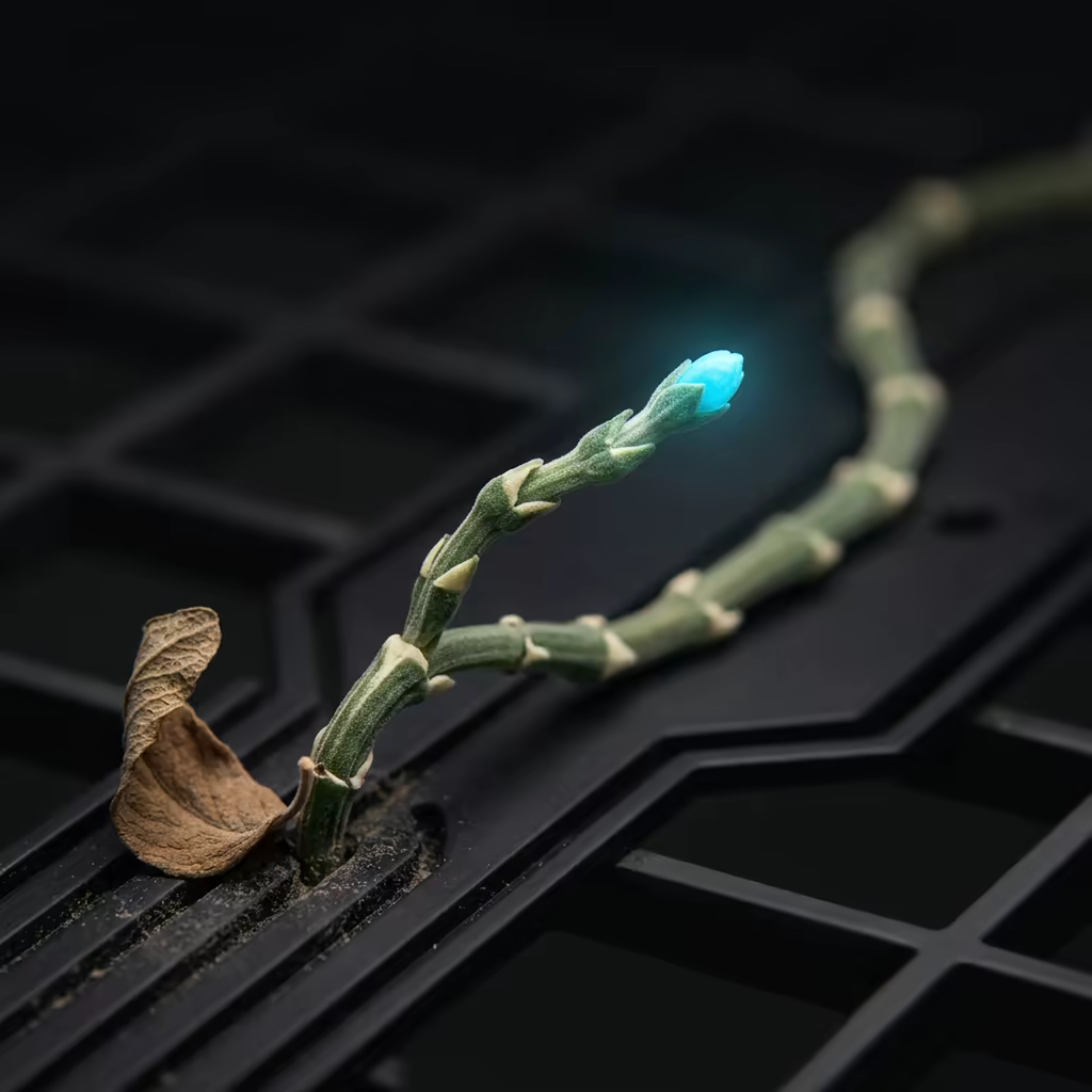 A segmented green vine growing along a dark circuit board trace, each joint clearly visible, tipped with a small glowing cyan bud, with dust in the grooves and a dried brown leaf at its base
