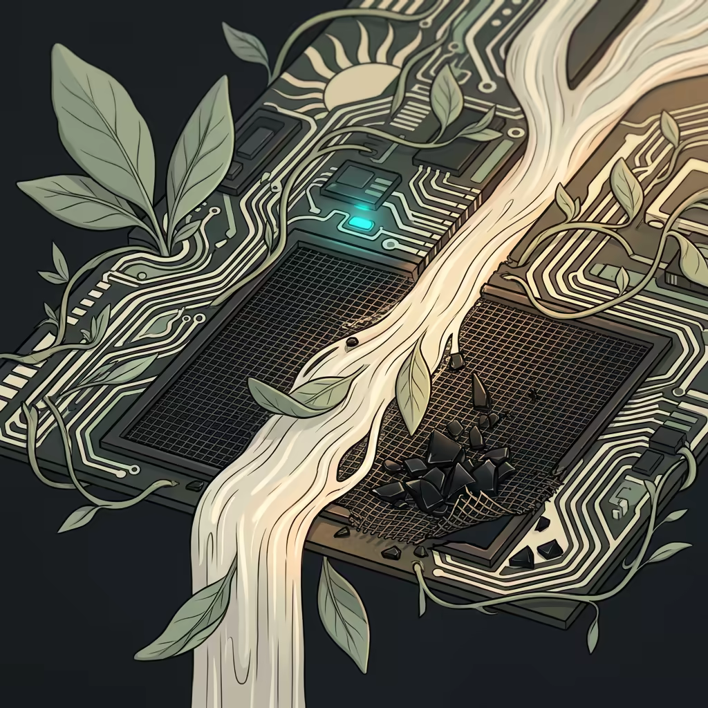 Pale cream water pouring through a fine dark mesh set into an illustrated circuit board, sage leaves passing cleanly through while sharp black shards pile up on the buckled mesh