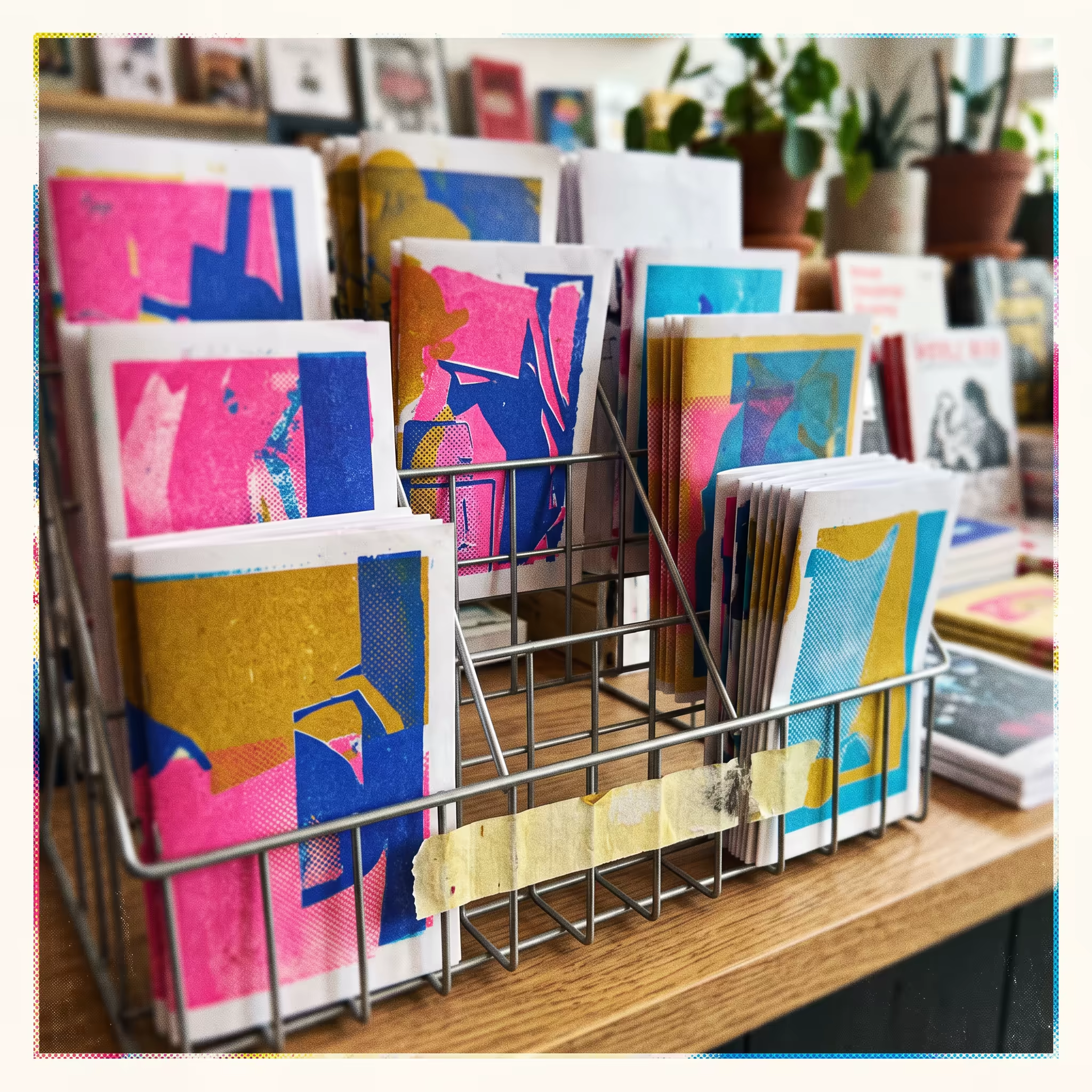 A slotted wire display rack on a wooden counter packed with folded risograph-printed pamphlets in pink, cobalt and mustard ink, with one slot near the centre conspicuously empty and a strip of yellowed tape residue on the rack's front lip