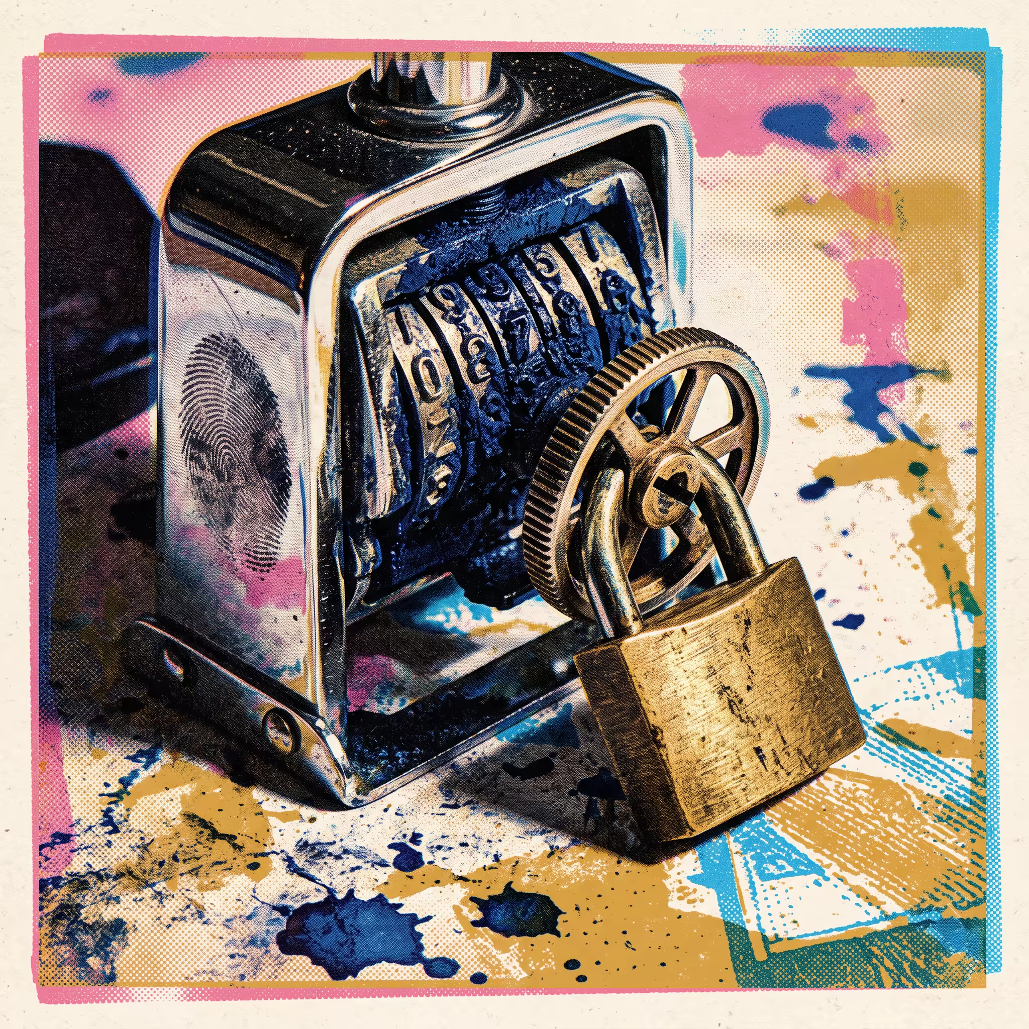 A chrome mechanical rotating-digit numbering stamp on an ink-splattered desk pad, a small brass padlock threaded through its adjustment wheel to lock the digits, with dried ink crusted in the wheel grooves and a clear fingerprint smudge on the chrome body