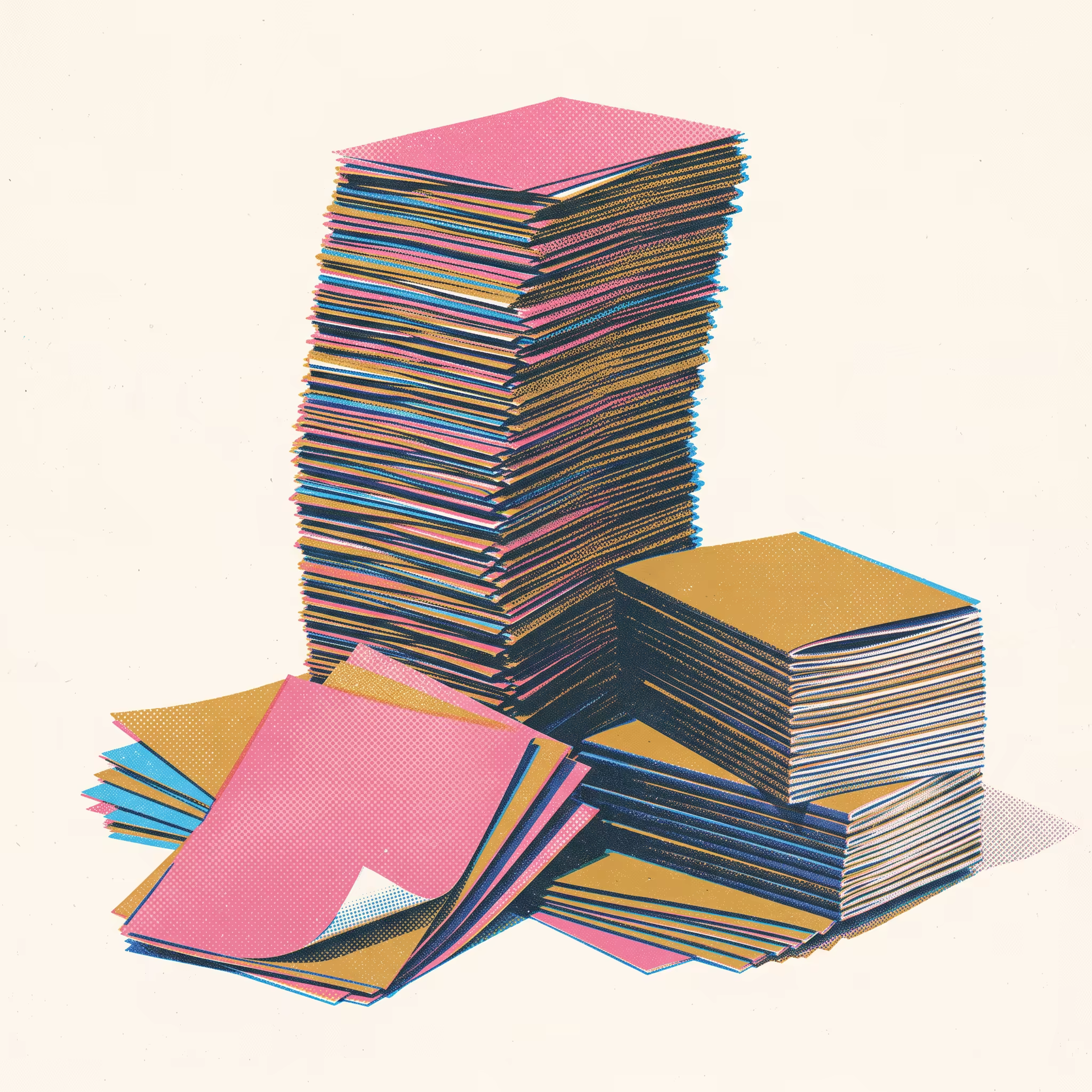One towering leaning stack of loose printed flyers dwarfing two short squat stacks of bound booklets beside it, with several flyers spilled and fanned across the table, one corner curled and dog-eared