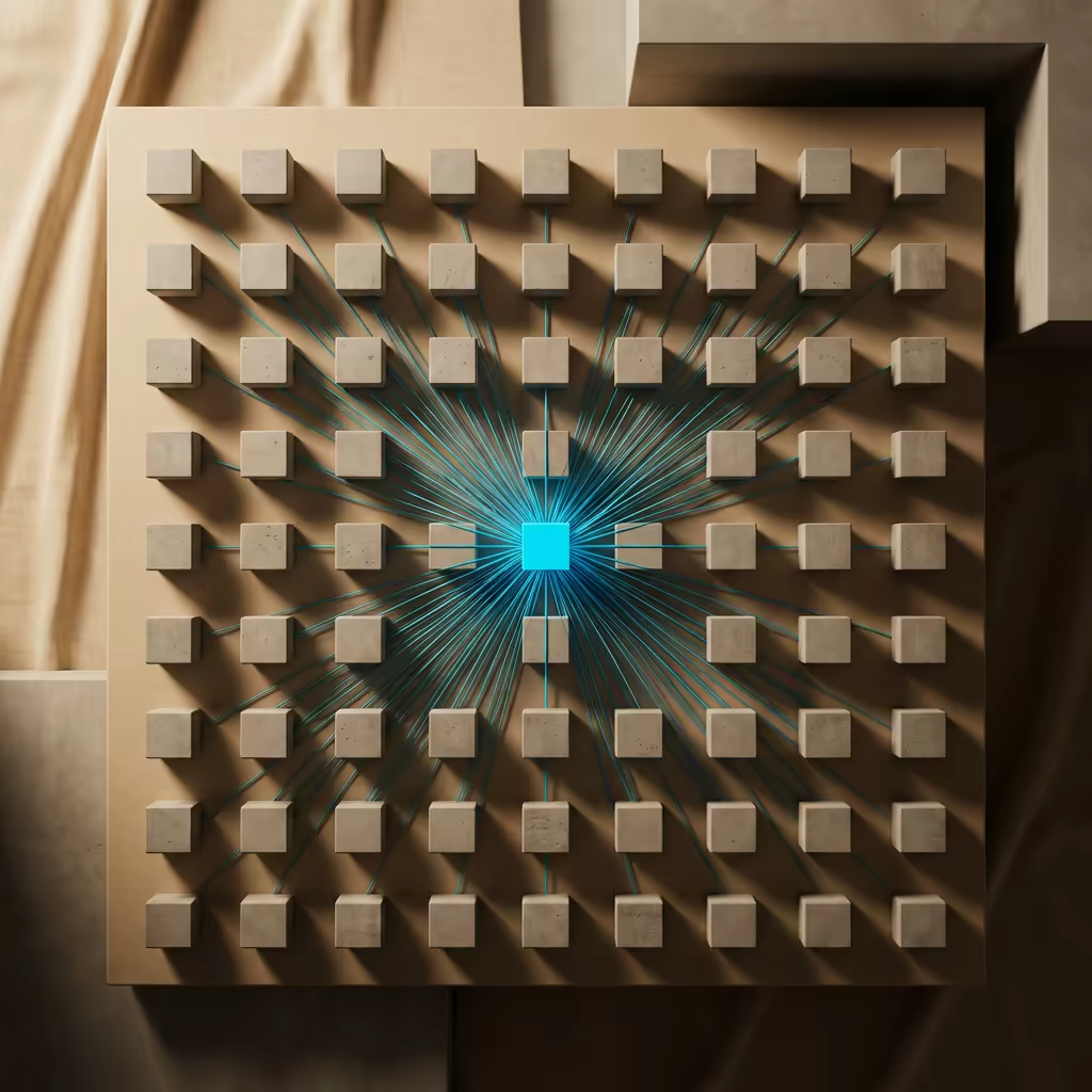 Overhead view of a grid of small concrete cubes on a warm beige surface, all connected by converging cyan wires to a single glowing cyan node at the center — representing a personal data map