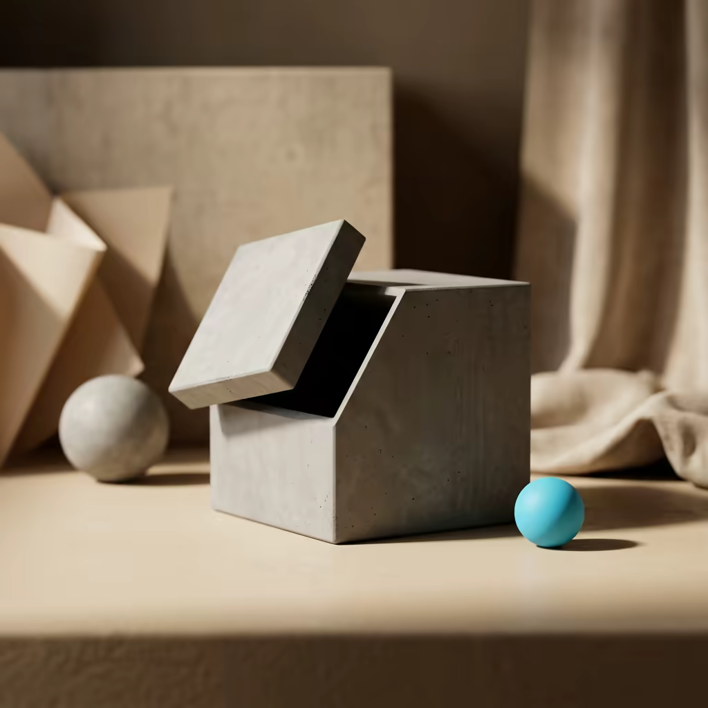 A concrete cube with its lid face partially lifted open, revealing empty darkness inside, with a small cyan sphere beside it on a warm beige surface — representing hidden compliance gaps beneath a surface layer