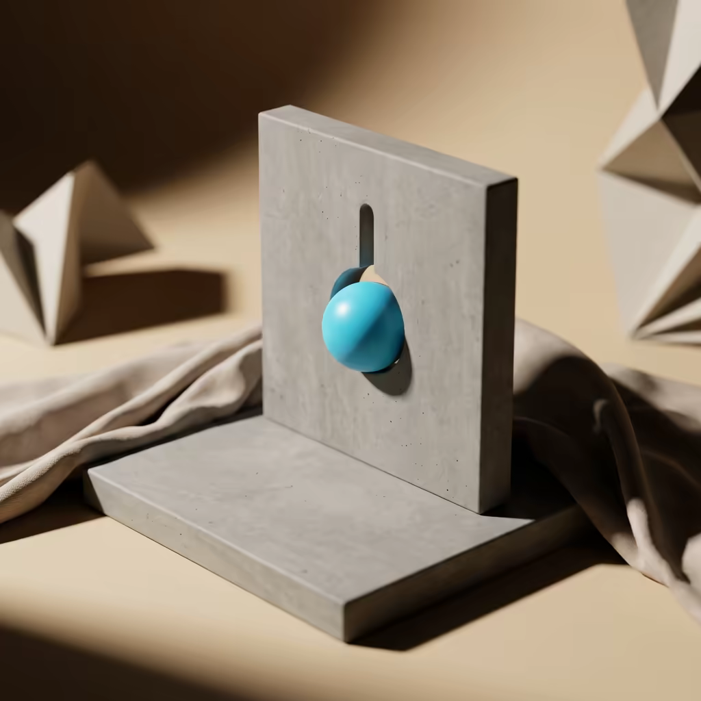 A vertical concrete plate with a narrow slot, a bright cyan sphere balanced in the slot opening, set against a warm beige backdrop with geometric paper forms in shadow — representing a scheduled erasure mechanism
