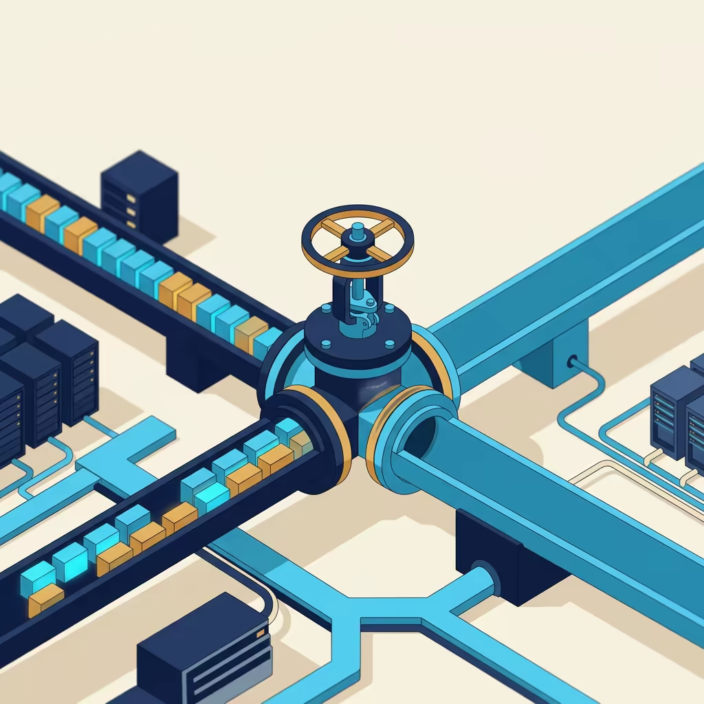 Isometric pipeline with a closed gate valve across the channel and a queue of small data blocks backed up behind it, the channel beyond running empty