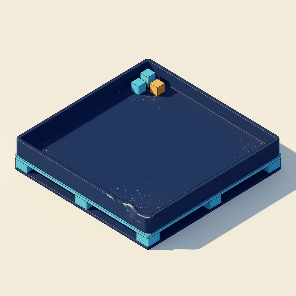 A large isometric shipping tray sitting almost entirely empty, with only three small blocks in one corner and grit scattered across its floor