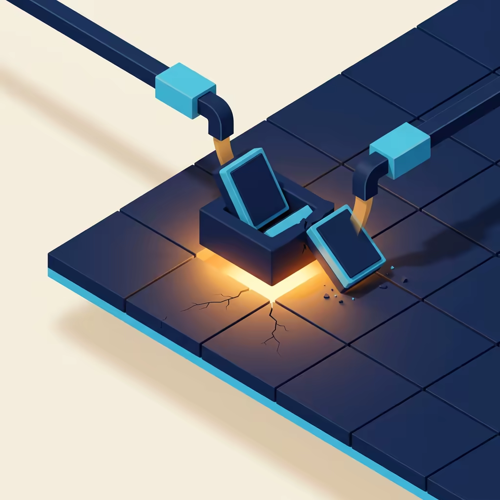 Two isometric conduits delivering blocks into the same calendar cell, one wedged in and one bounced out, with a crack spreading from the amber-lit collision