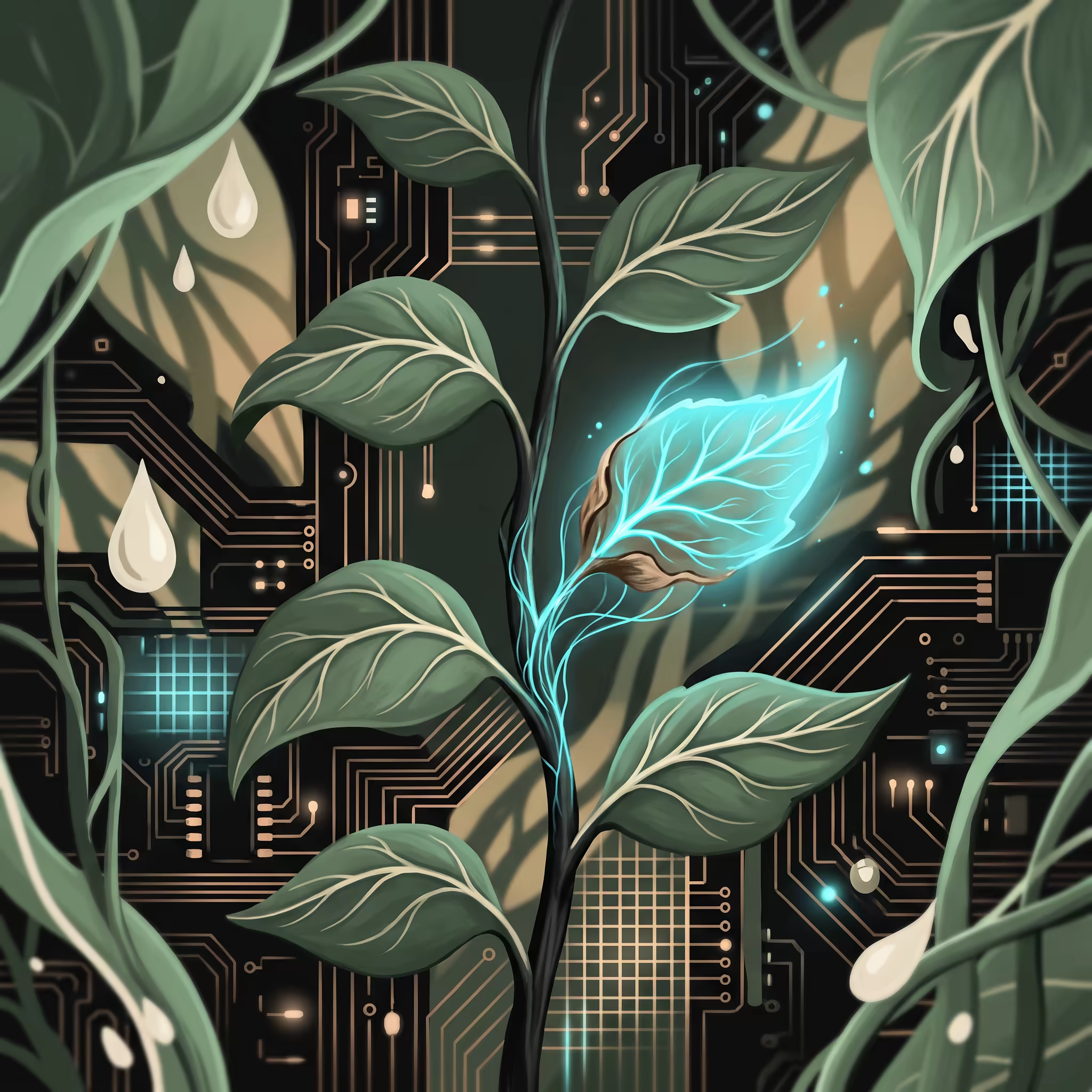 One healthy green leaf among several on a stem glows through with cyan veins as it regrows from a wilted brown leaf, while the rest of the stem's leaves stay untouched