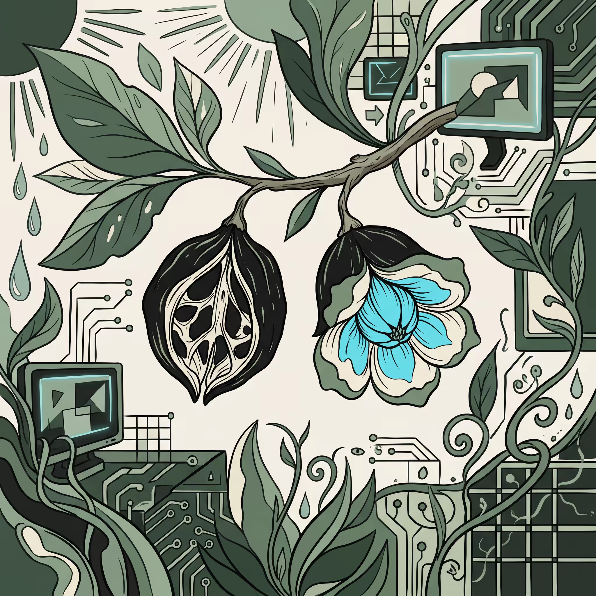 Two seed pods hang from one branch: the left pod has burst into an empty dry husk, the right pod has fully bloomed into an open cyan-centered flower