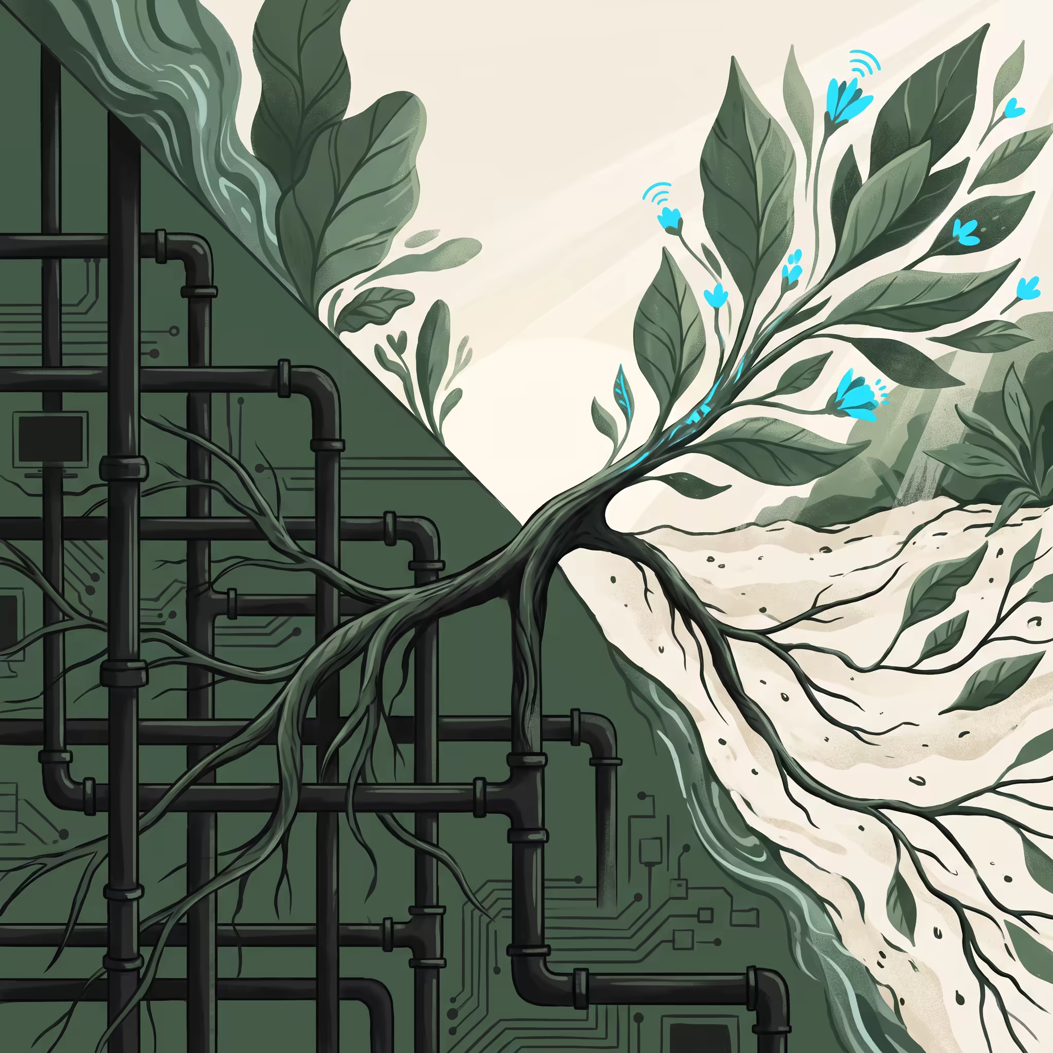A single root splits into two paths: one winds through a rigid grid of dark metal pipes, the other grows freely through open sunlit soil into small cyan flowers