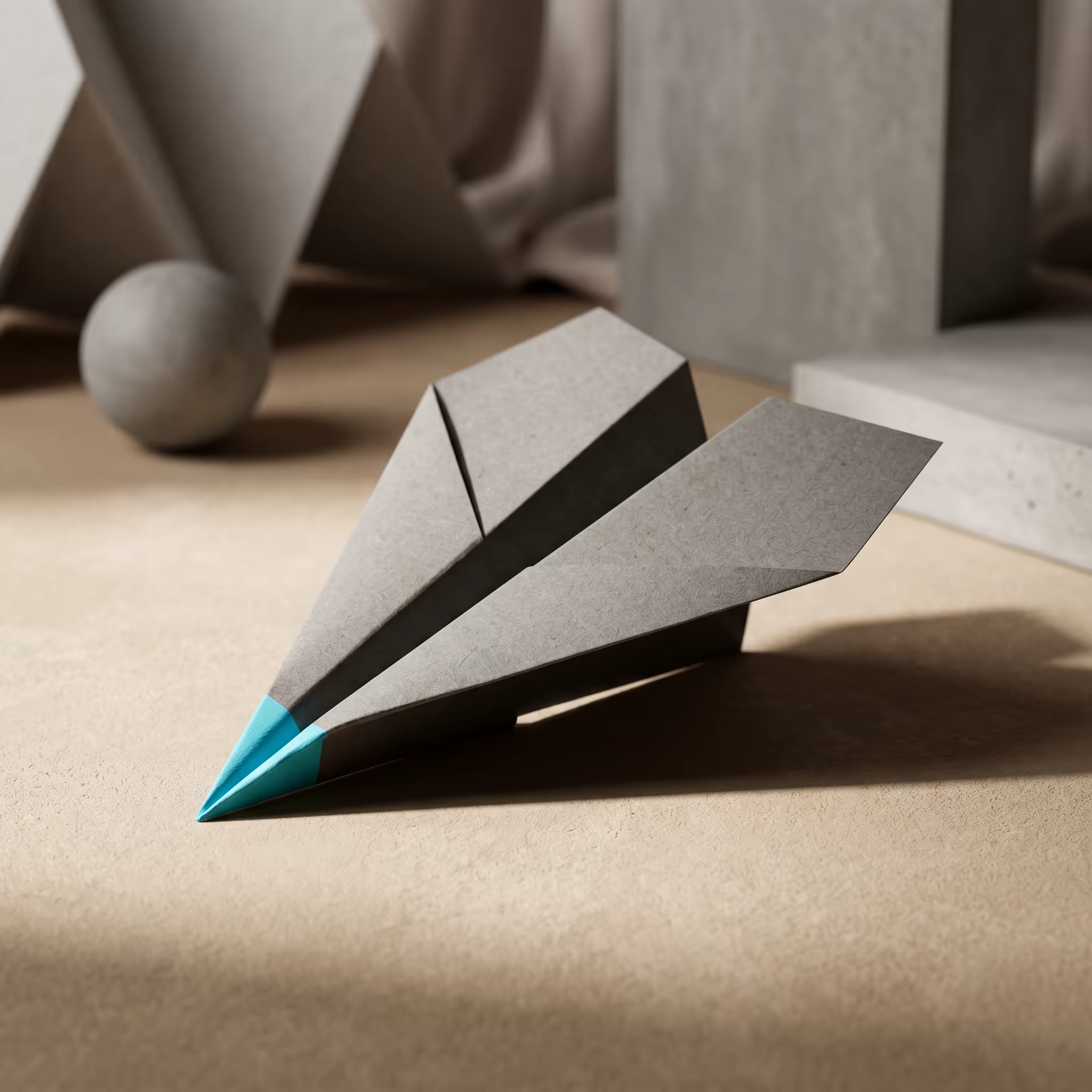 A single precisely folded paper plane in concrete grey with a bright cyan painted tip, resting on a warm beige surface, deep umber shadow behind it under dramatic directional light