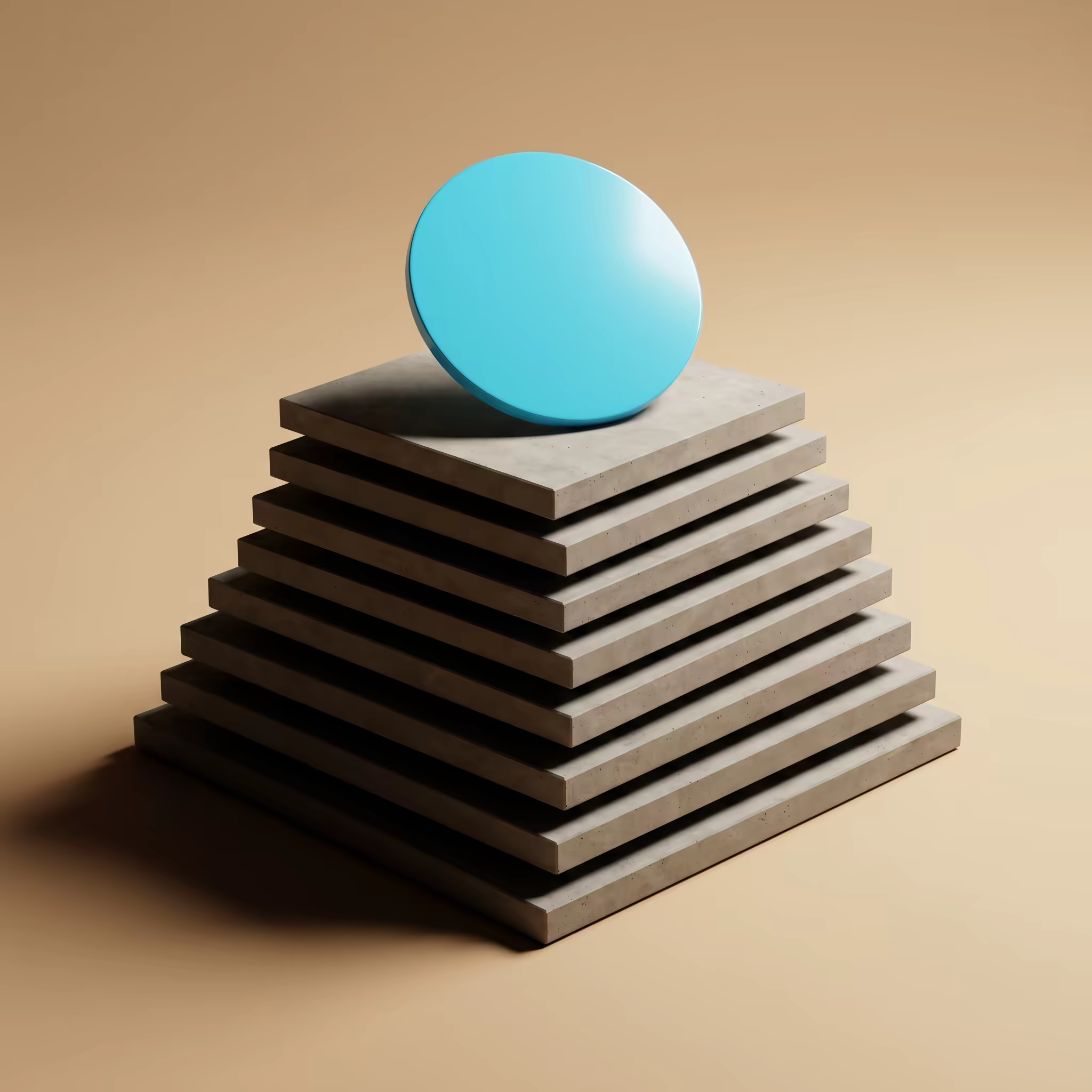 A neat stack of thin rectangular concrete slabs forming a tapered pyramid on a warm beige surface, with a bright cyan disc balanced on the topmost slab, deep umber shadows at the base