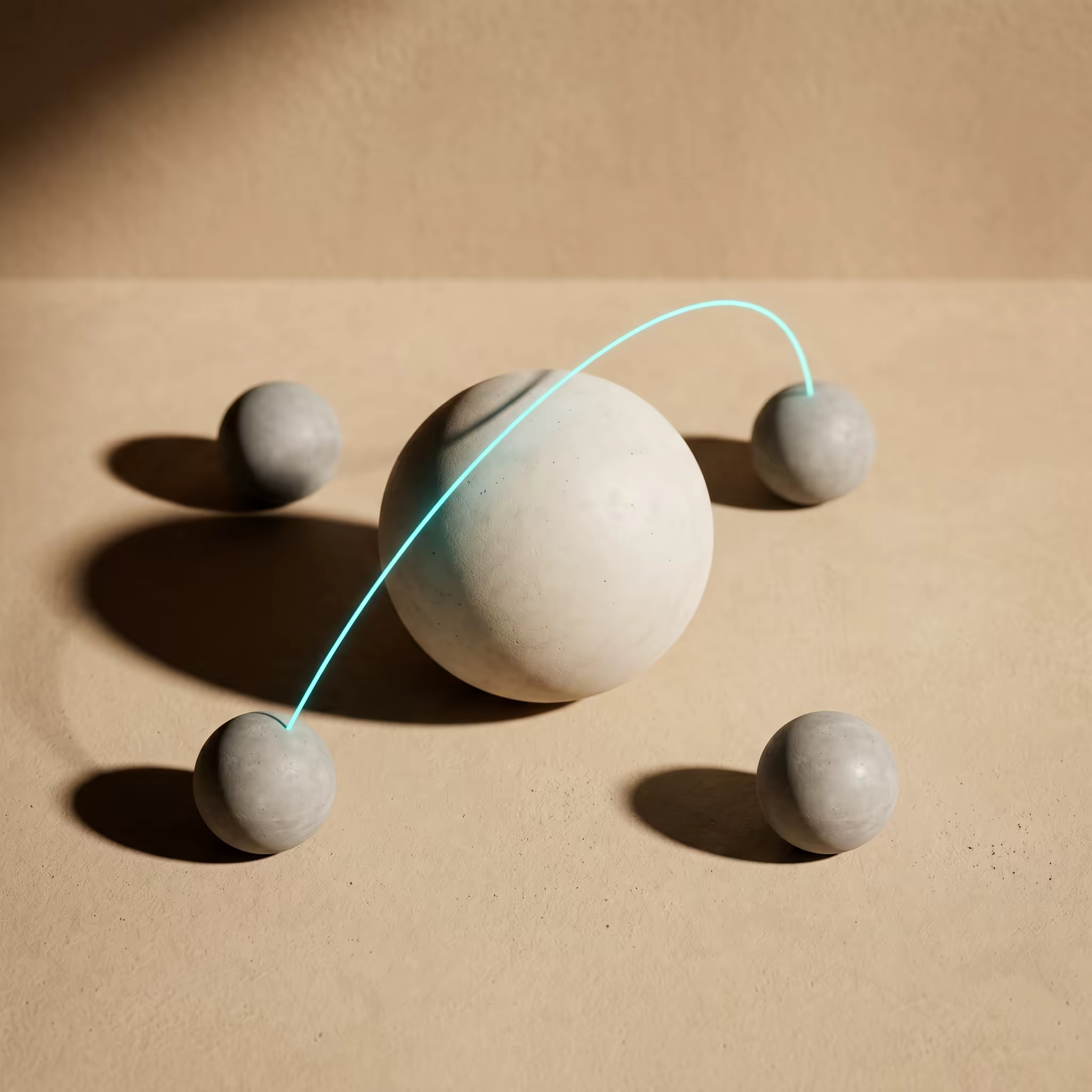 A large pale concrete sphere at center surrounded by four smaller grey spheres, a bright cyan arc of light connecting the primary to one replica, on a warm beige surface with umber shadows