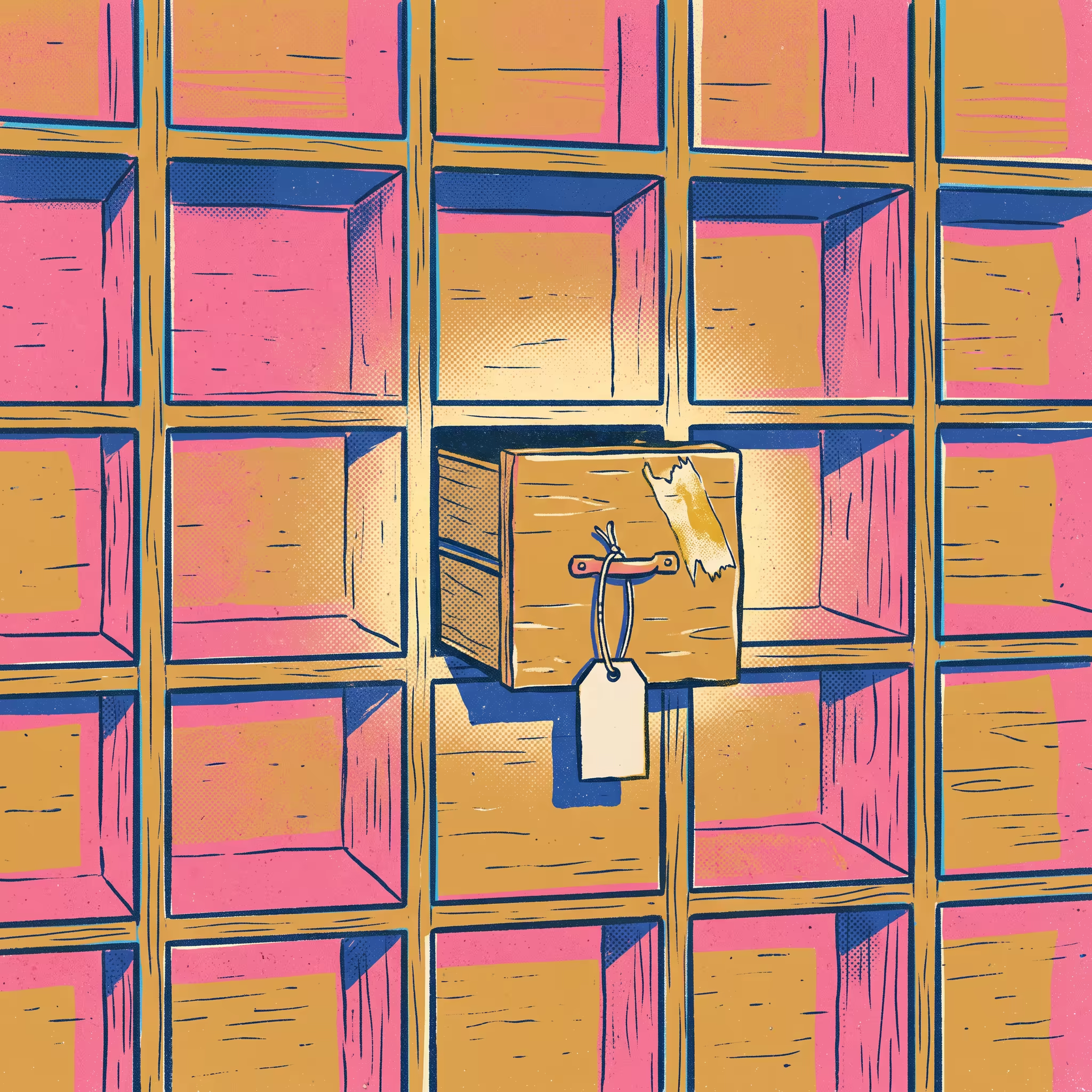 A grid of identical wooden pigeonhole mail slots with one drawer pulled open in the centre, a blank paper tag hanging from it on a string and a strip of peeling tape residue beside the handle