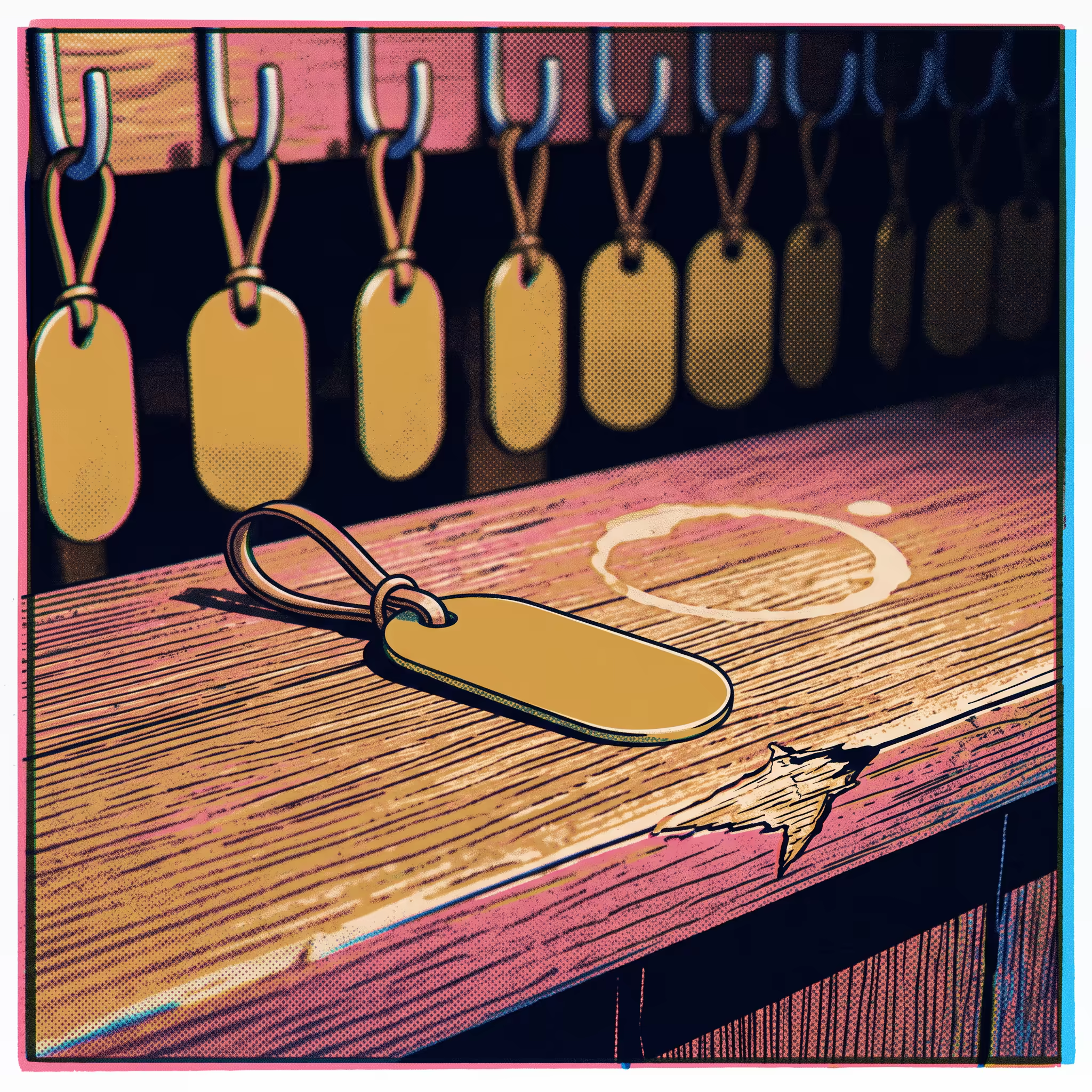 A single blank brass cloakroom tag on a leather loop lying on a worn wooden counter next to a coffee ring stain, with a row of identical hanging tags fading into shadow behind it