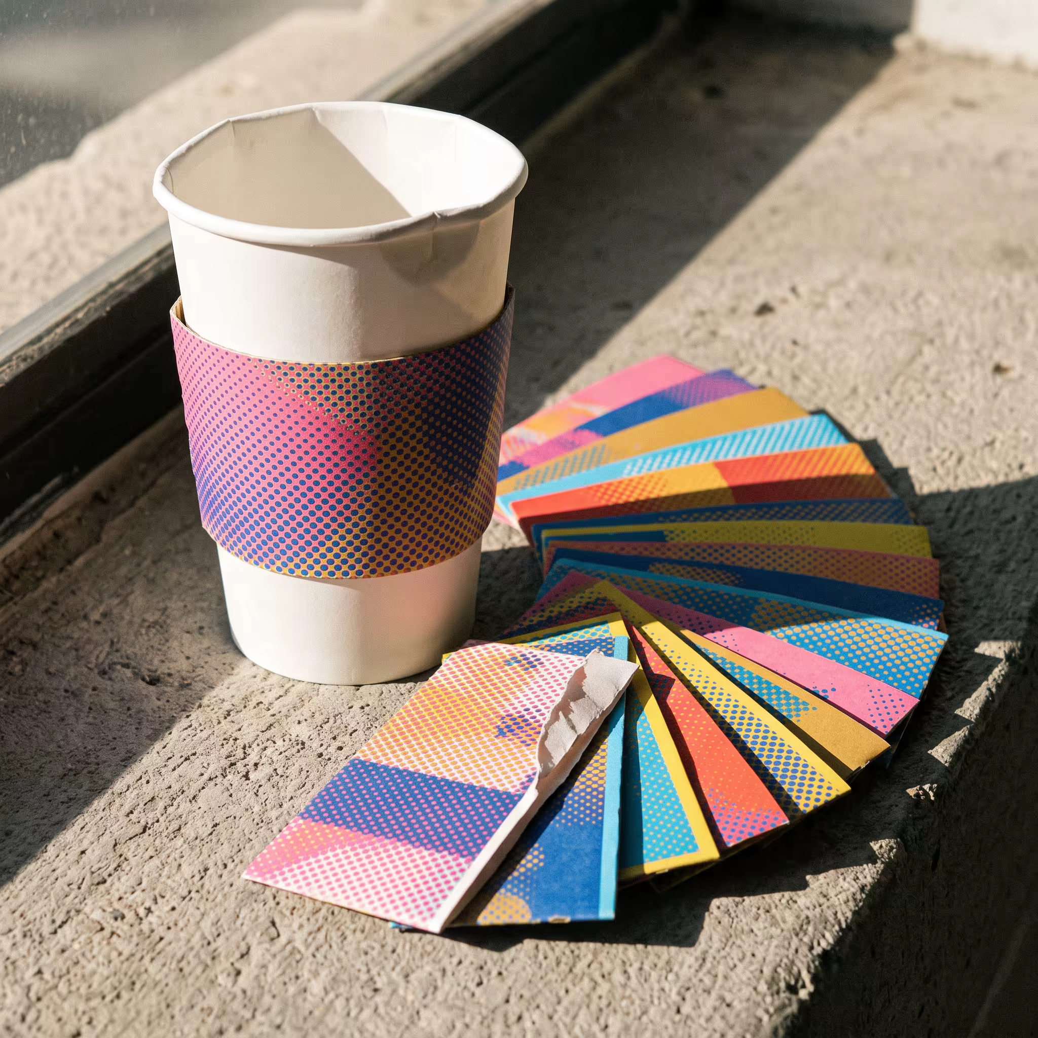One plain white paper cup with a dented rim wearing a single halftone-printed sleeve, a fan of twelve differently printed sleeves spread beside it on a sunlit concrete windowsill