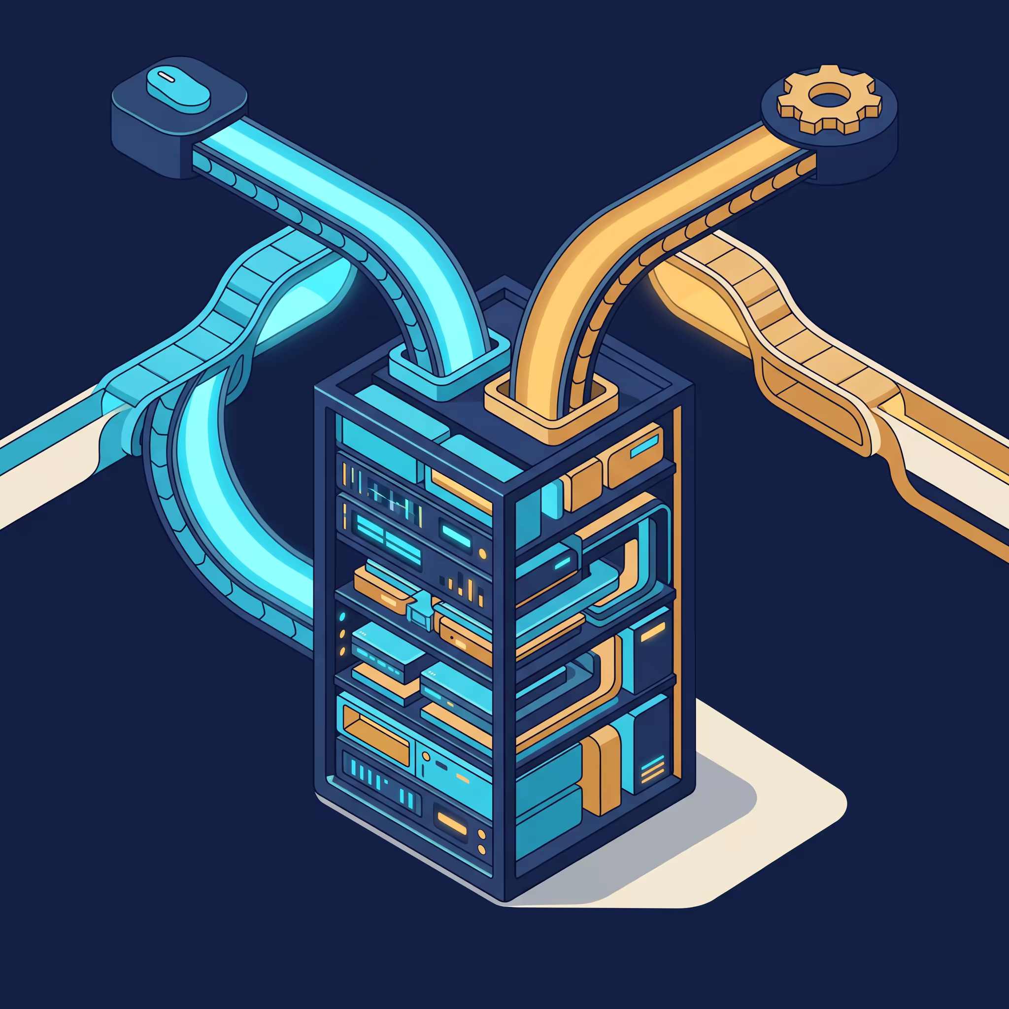 An isometric server rack fed from above by two glowing conduits, a cyan one running from a rounded switch-shaped node and an amber one running from a gear-shaped node, both merging into the top of the rack