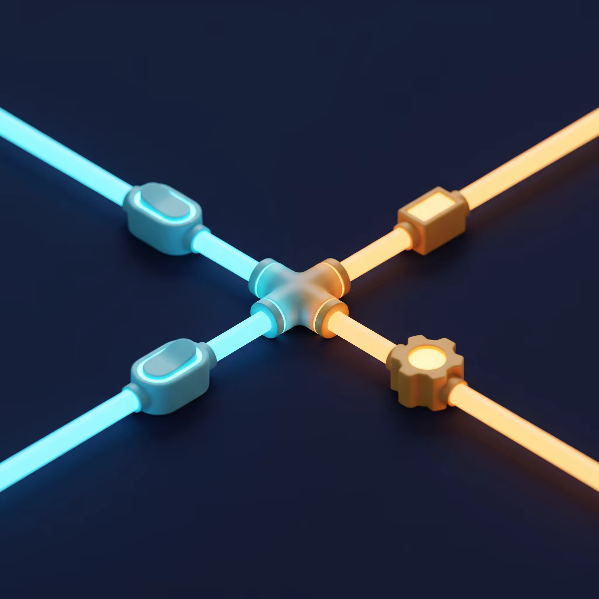 Two glowing conduits, cyan carrying a rounded switch-shaped capsule and amber carrying a gear-shaped capsule, converging from opposite directions at a shared X-shaped junction against a dark navy background